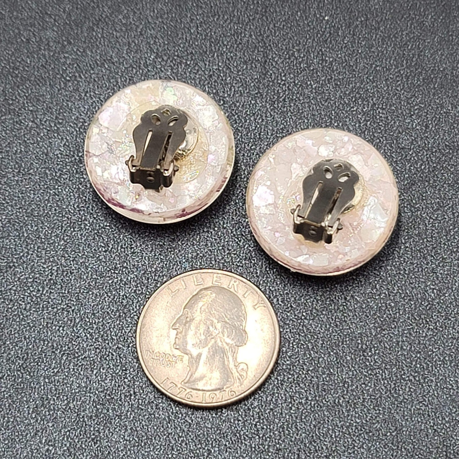 Vintage Clip on Earrings Purple Green White Lucite Round Button Studs 1"