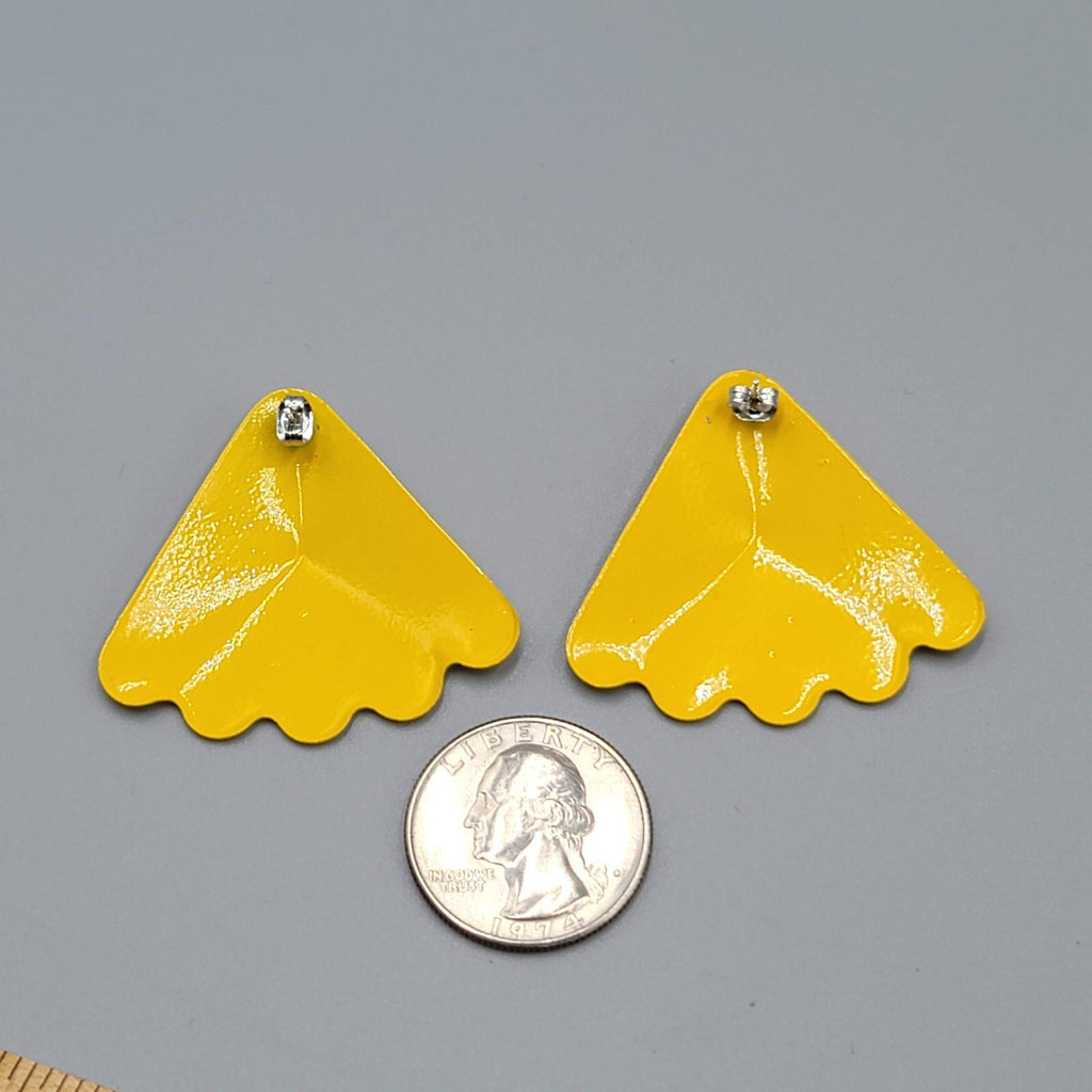 Vintage Pierced Earrings Yellow Enamel Triangle Drop Statement 80s 1.5"