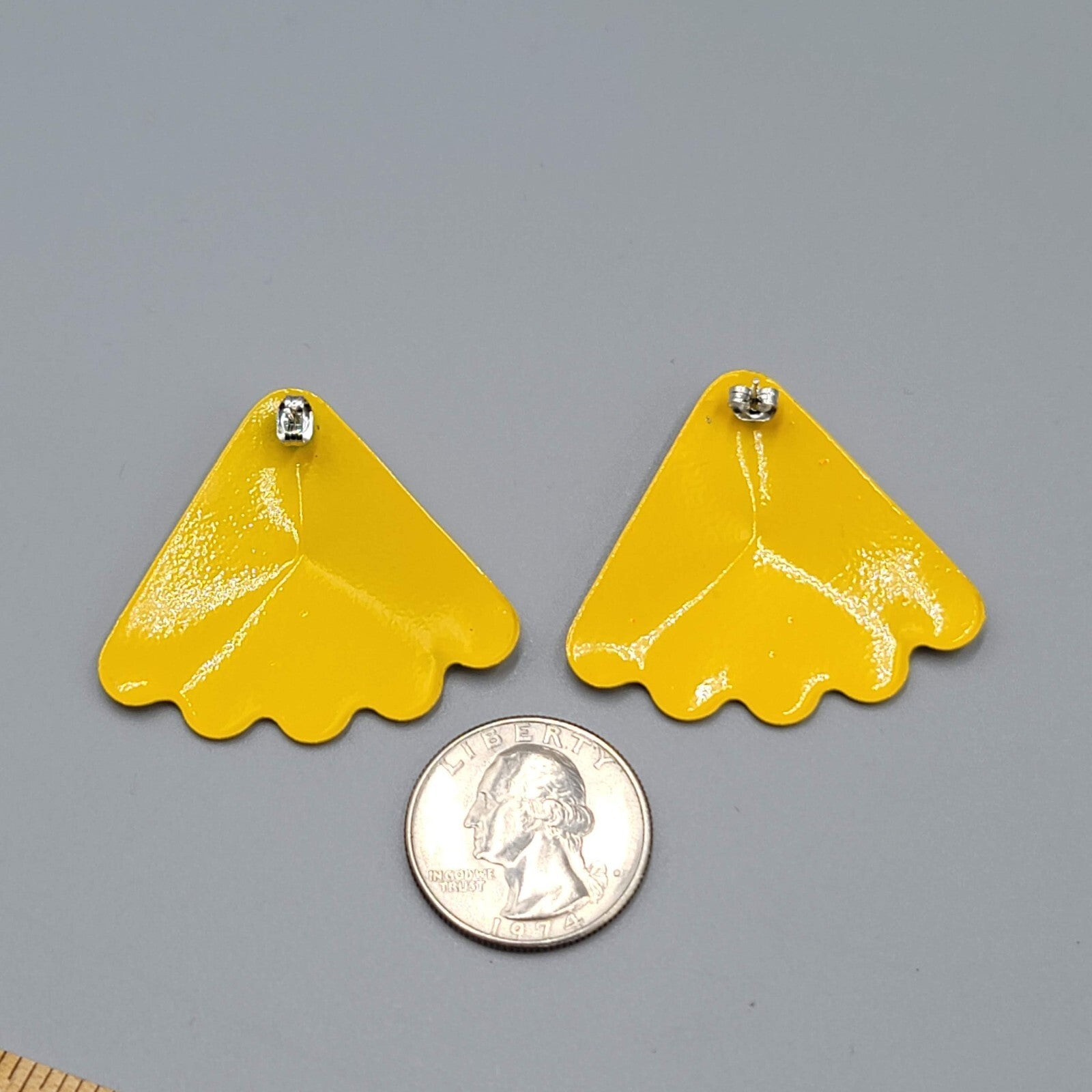 Vintage Pierced Earrings Yellow Enamel Triangle Drop Statement 80s 1.5"