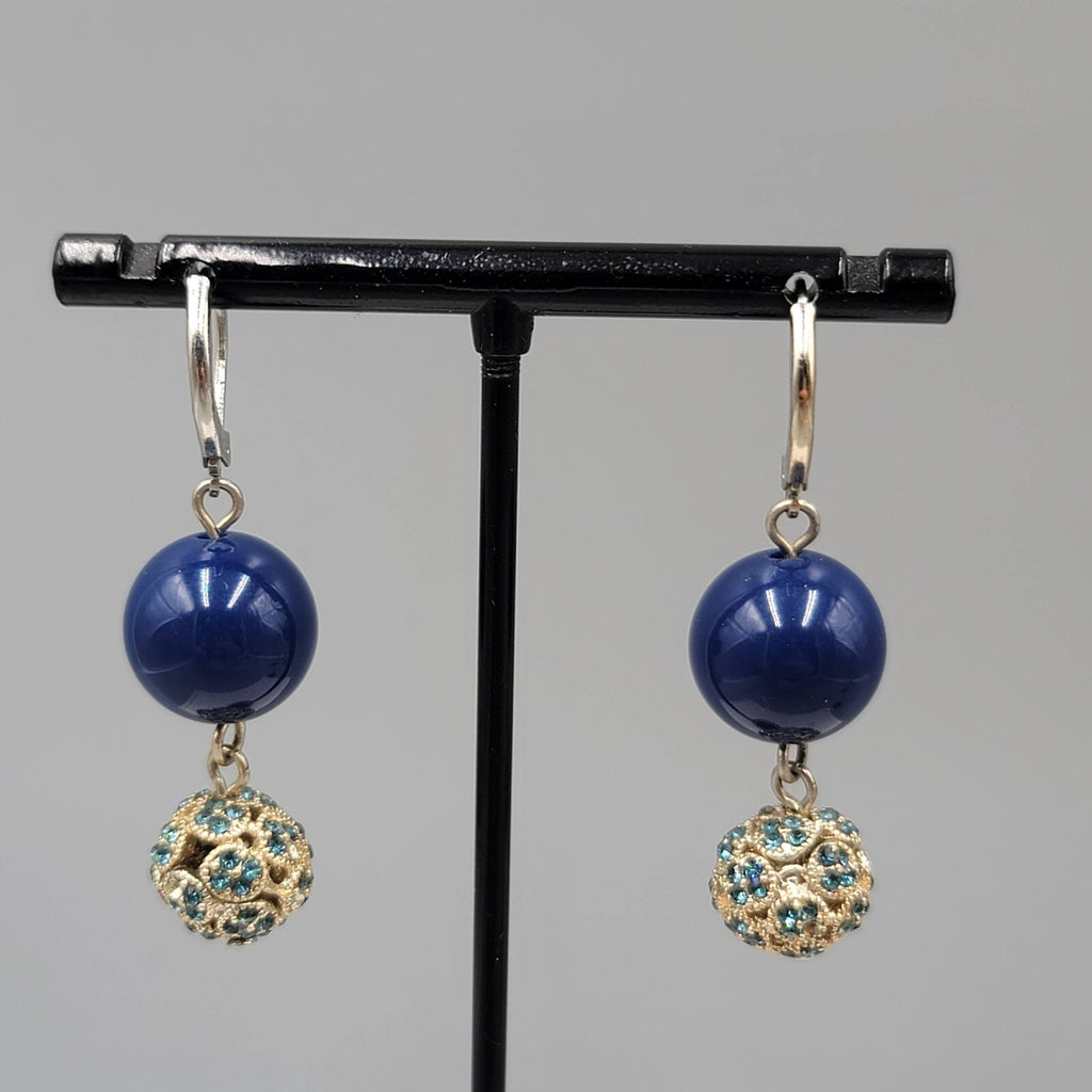 Blue Rhinestone Bead Pierced Earrings Dangle 1 3/8"