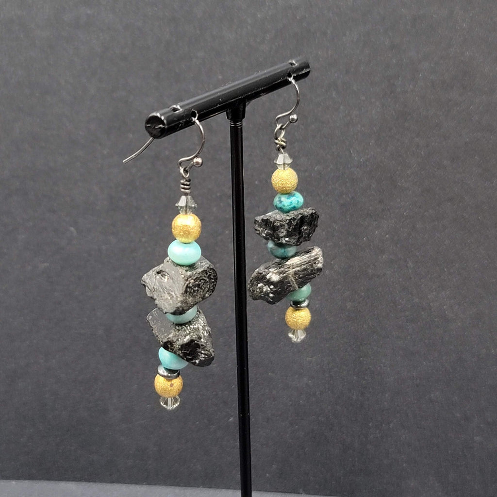 Pierced Earrings Black Raw Stone Blue Gold tone Beads Dangle 2"