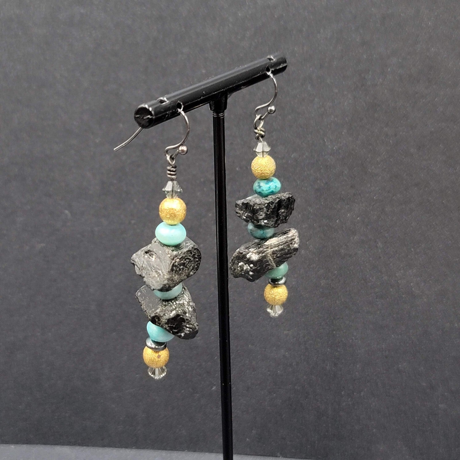Pierced Earrings Black Raw Stone Blue Gold tone Beads Dangle 2"