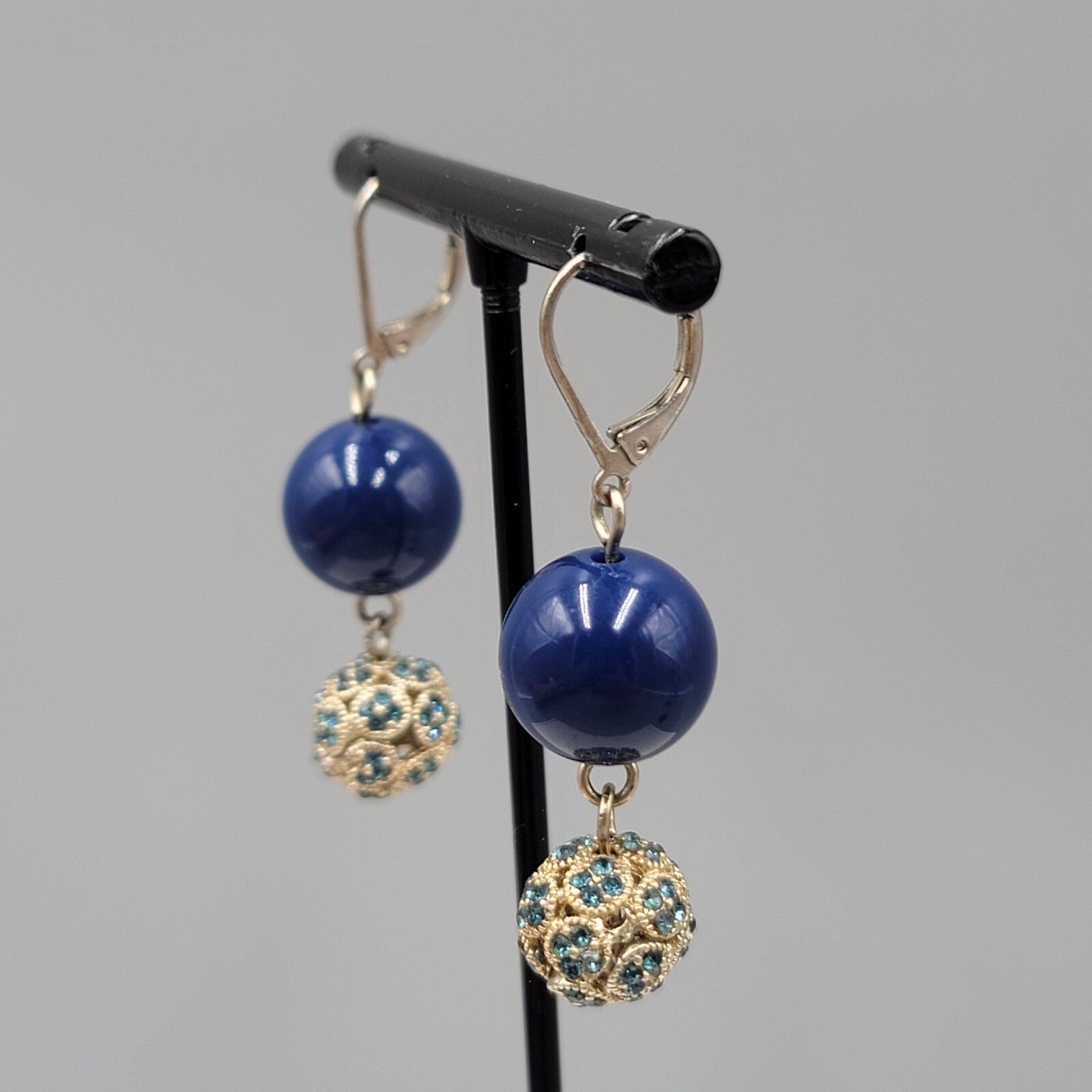 Blue Rhinestone Bead Pierced Earrings Dangle 1 3/8"