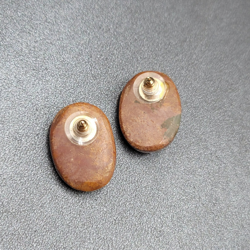 Vintage Pierced Earrings Brown Stone Oval Drop 1"