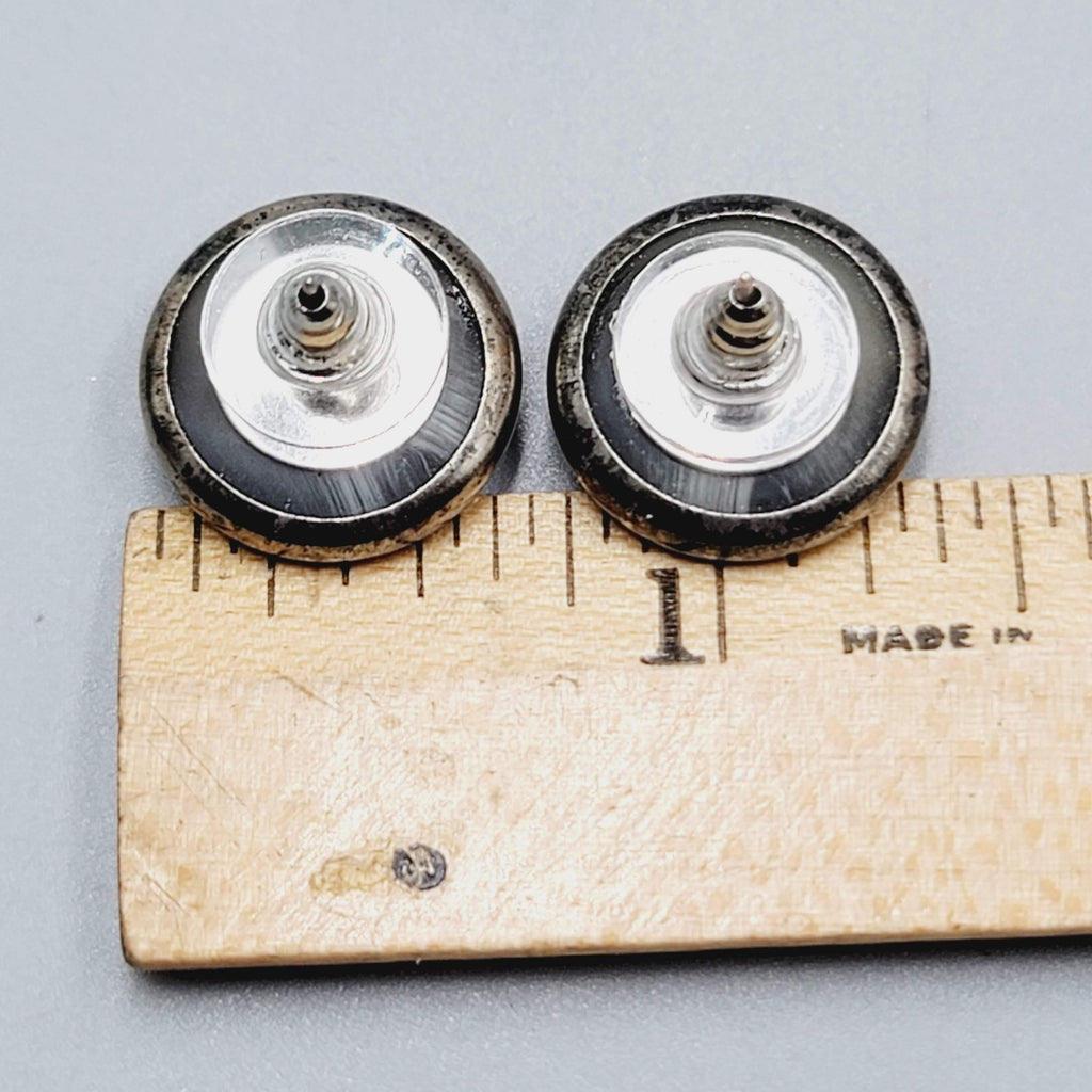 Round Gray Metal Clear Rhinestone Pierced Earrings Studs 5/8"