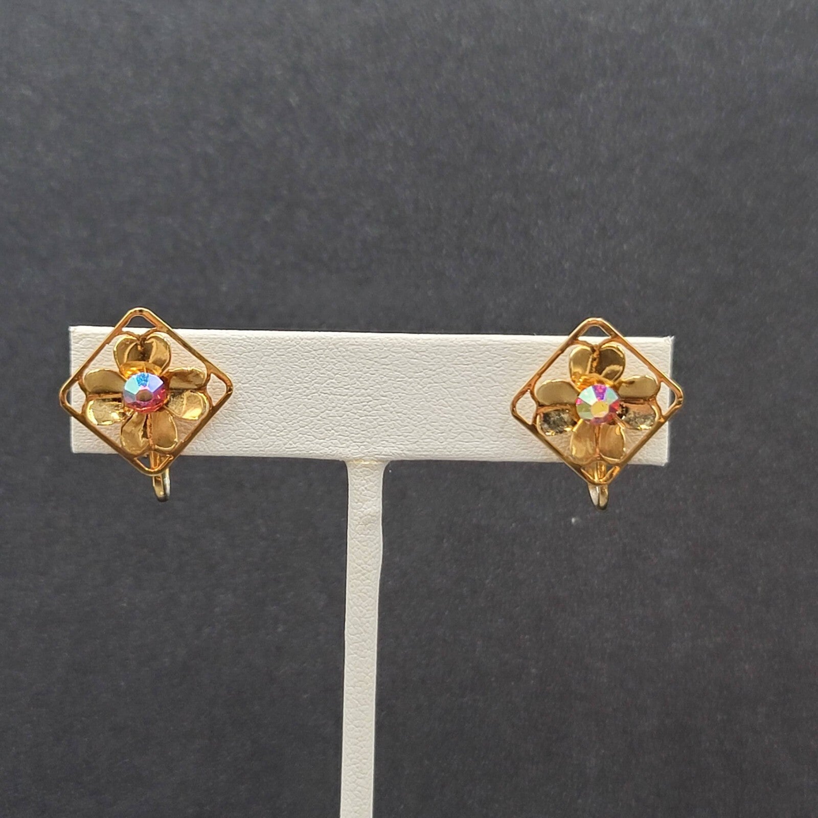 Vtg Clip on Earrings Gold tone Flower Aurora Borealis AB Rhinestone Studs 3/4"