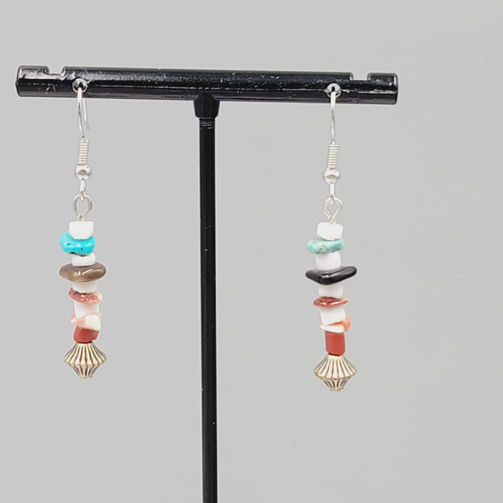 Pierced Earrings Multi Stone Boho Dangle Silver tone 1.25"