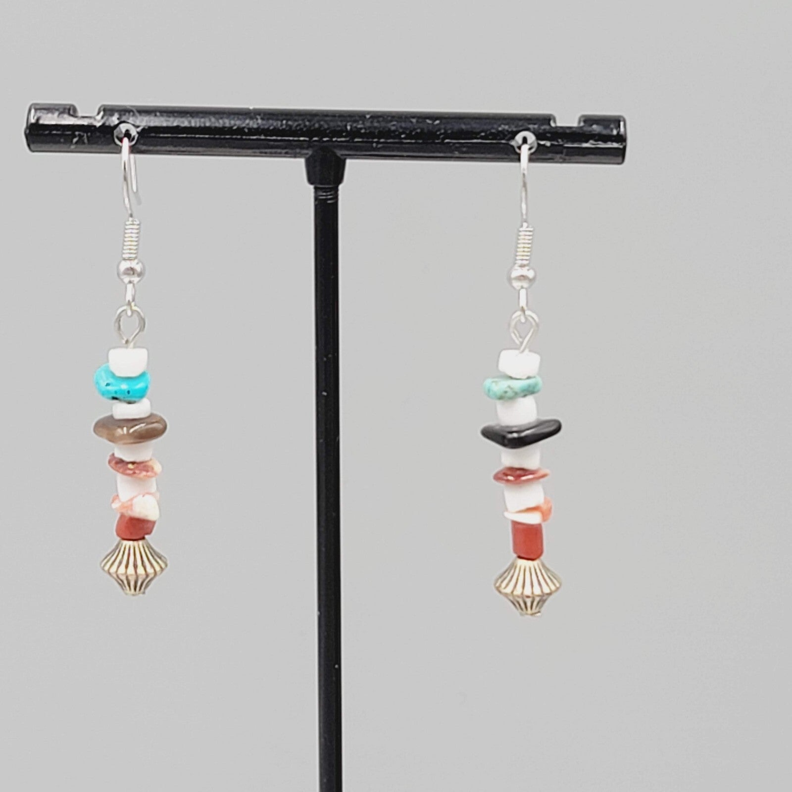 Pierced Earrings Multi Stone Boho Dangle Silver tone 1.25"
