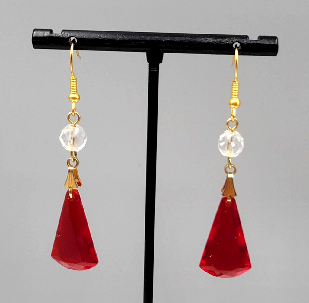 Pierced Earrings  Gold tone Red Clear Acrylic Bead Dangle 1.75" Lightweight