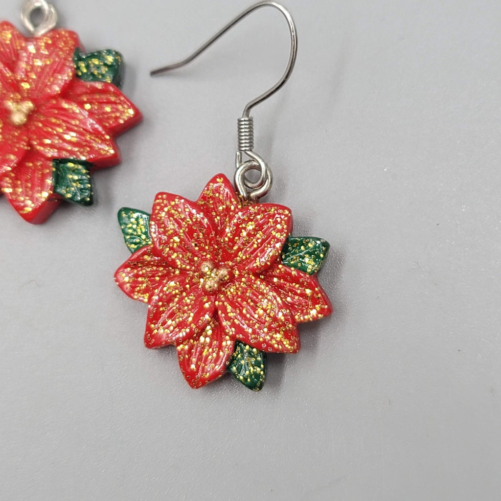Glitter Poinsettia Flower Pierced Earrings Silver tone Dangle  7/8"