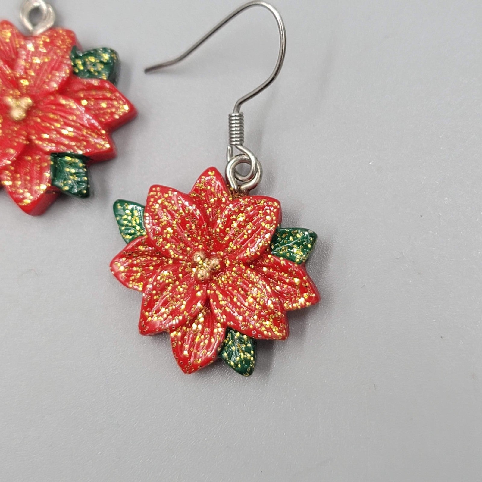 Glitter Poinsettia Flower Pierced Earrings Silver tone Dangle  7/8"