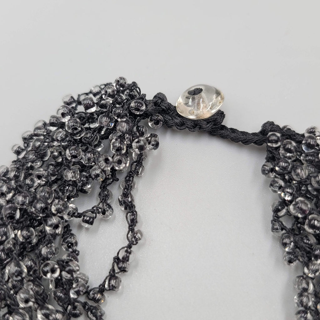 Multi Strand Black Bead Layered Necklace Button Closure 18"