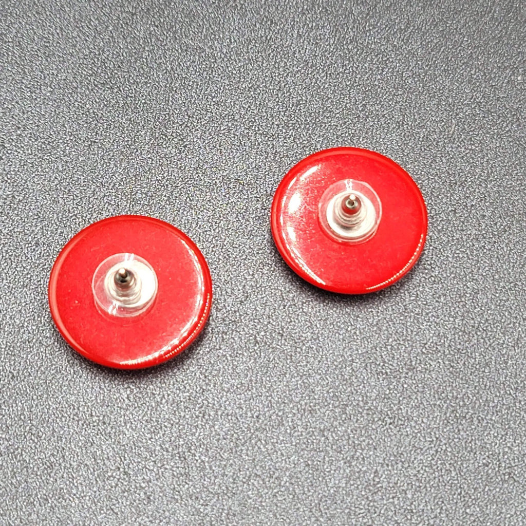 Vintage Pierced Earrings Bright Red and White Acrylic Round Studs 1"