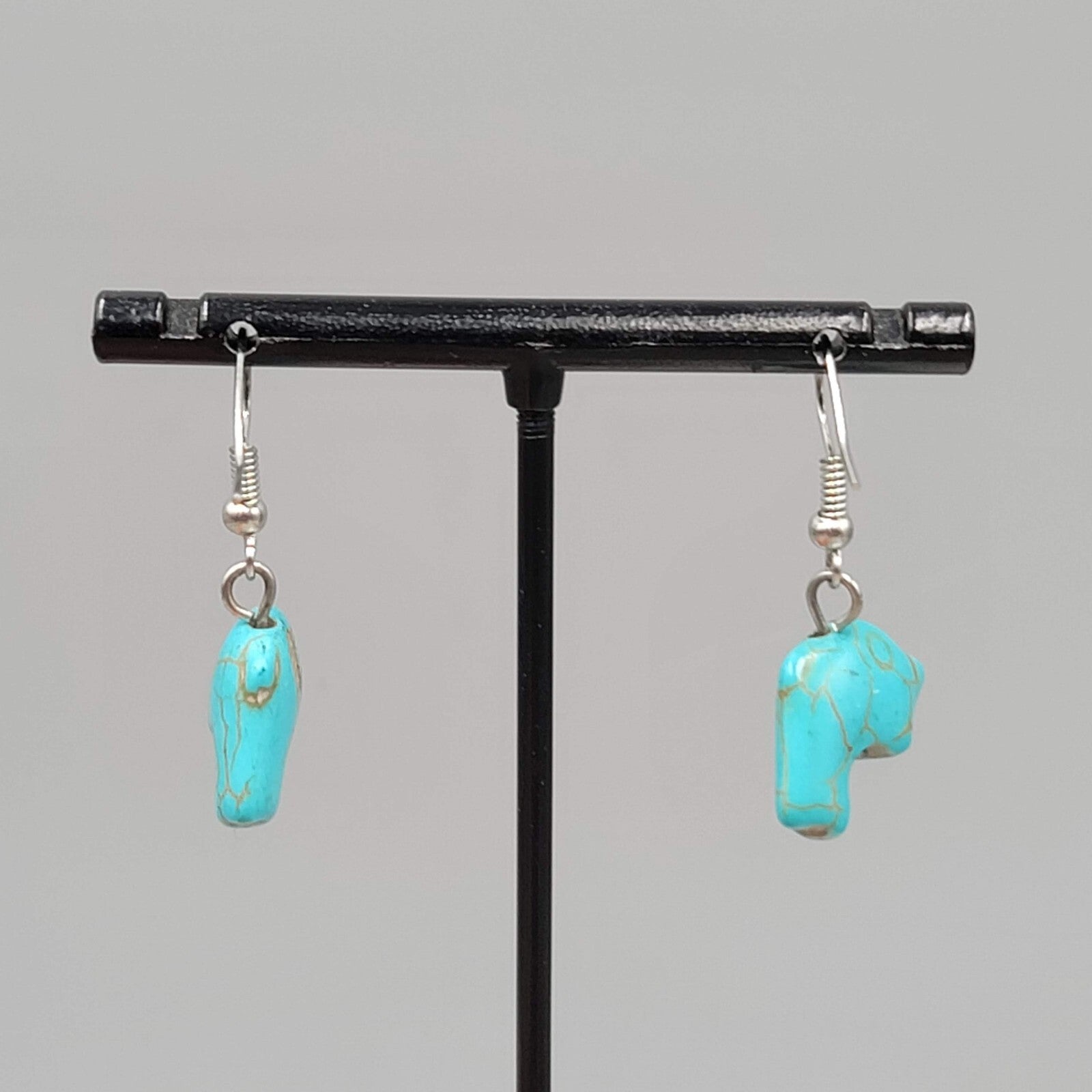 Dolphin Pierced Earrings Blue Howlite Stone Silver tone Dangle 3/4"