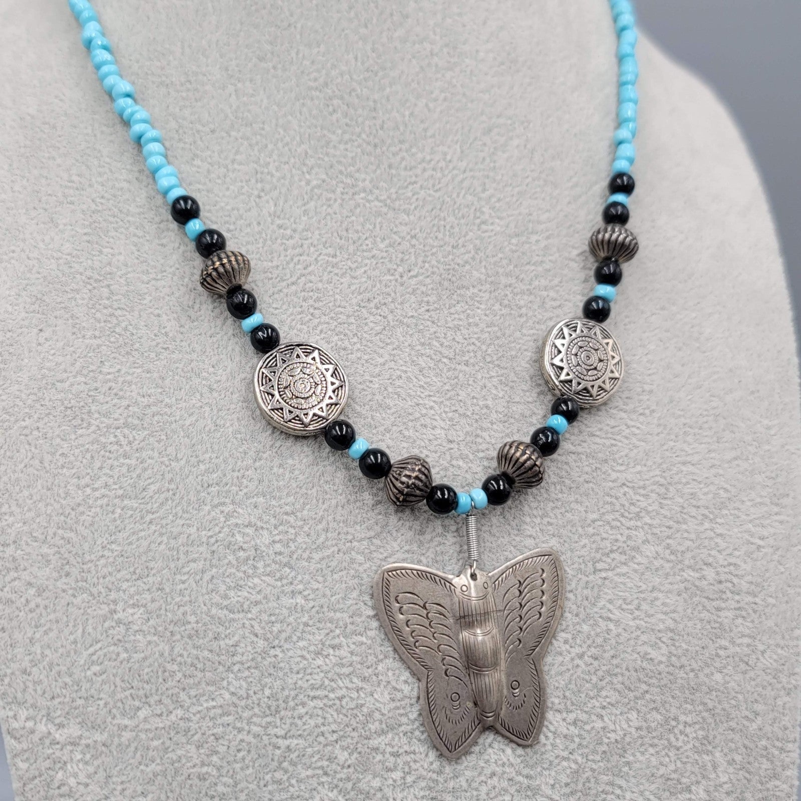 Artisan Butterfly Pendant Necklace Blue Black Bead Handmade 18 in