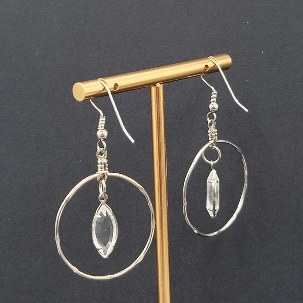 Silver tone Dangle Hoop Pierced Earrings Rhinestone Accent 1.5"