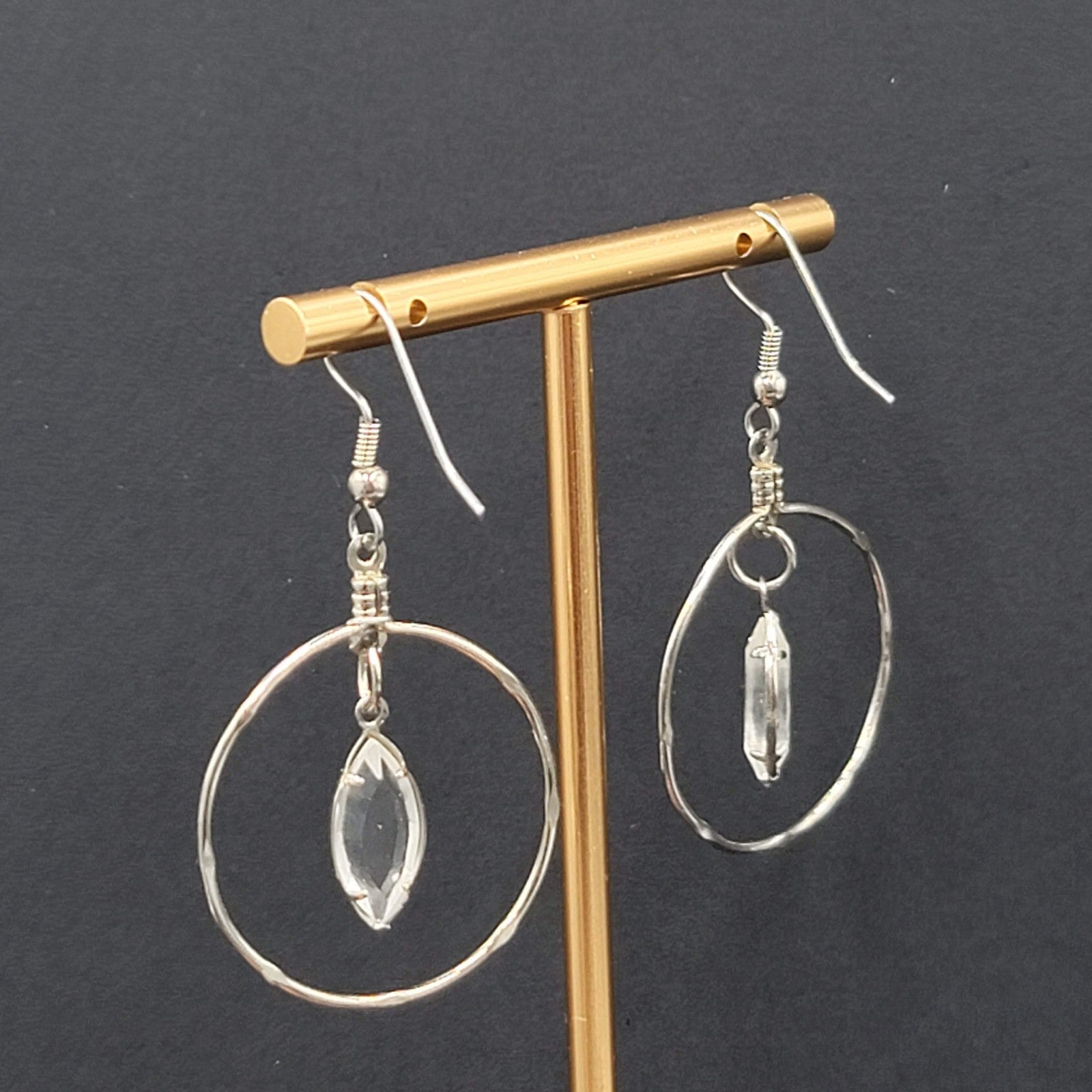 Silver tone Dangle Hoop Pierced Earrings Rhinestone Accent 1.5"