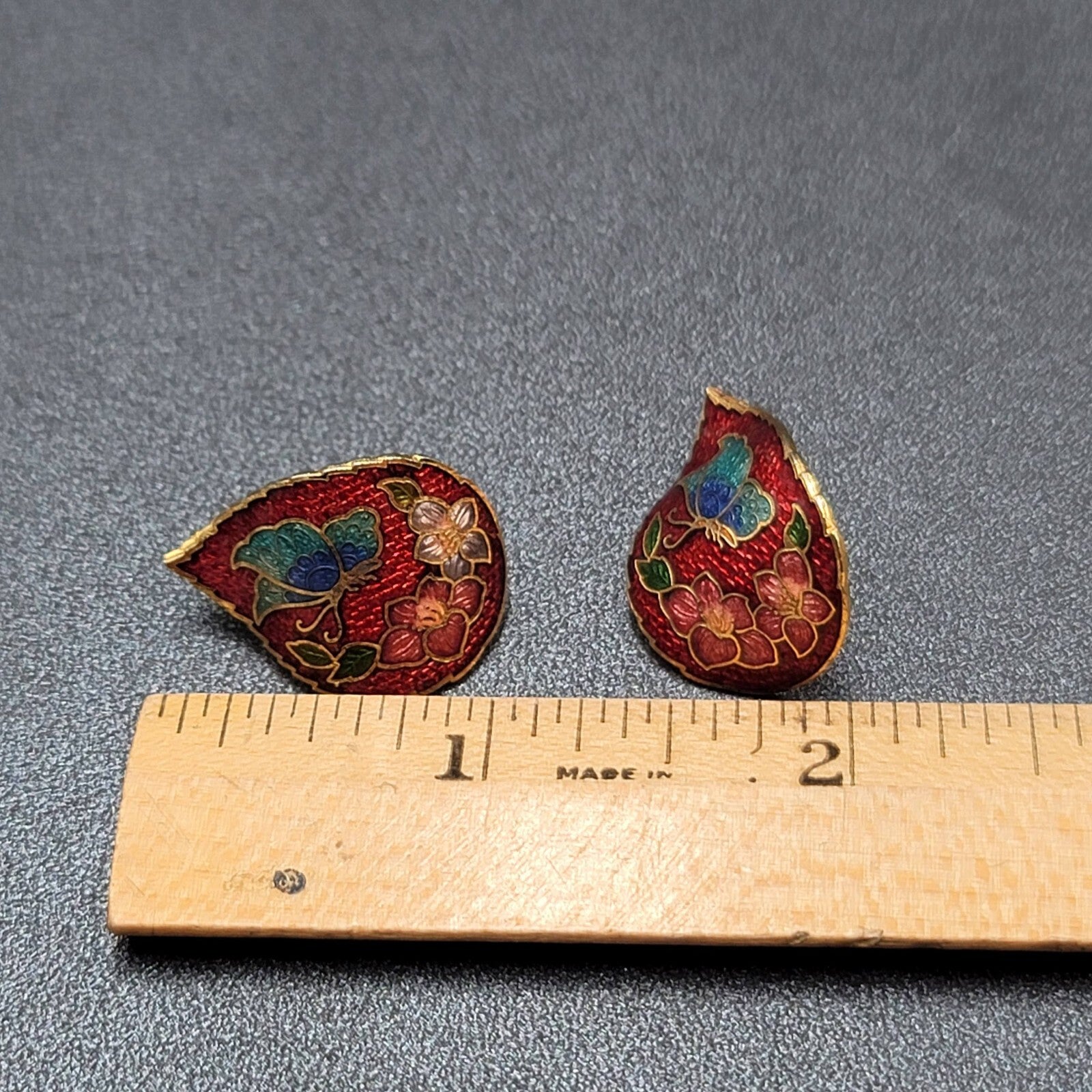 Vintage Clip on Earrings Cloisonne Enamel Flower Butterfly Red Drop 1"