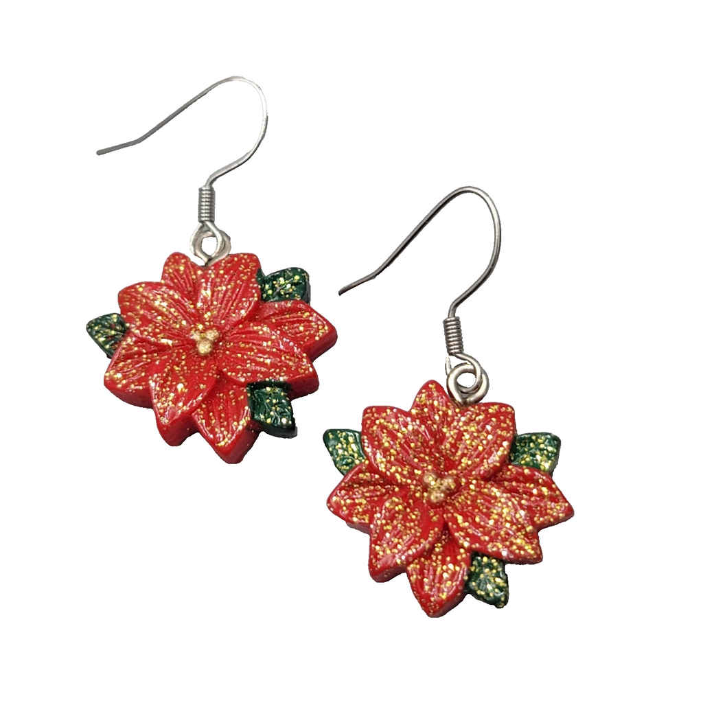 Glitter Poinsettia Flower Pierced Earrings Silver tone Dangle  7/8"