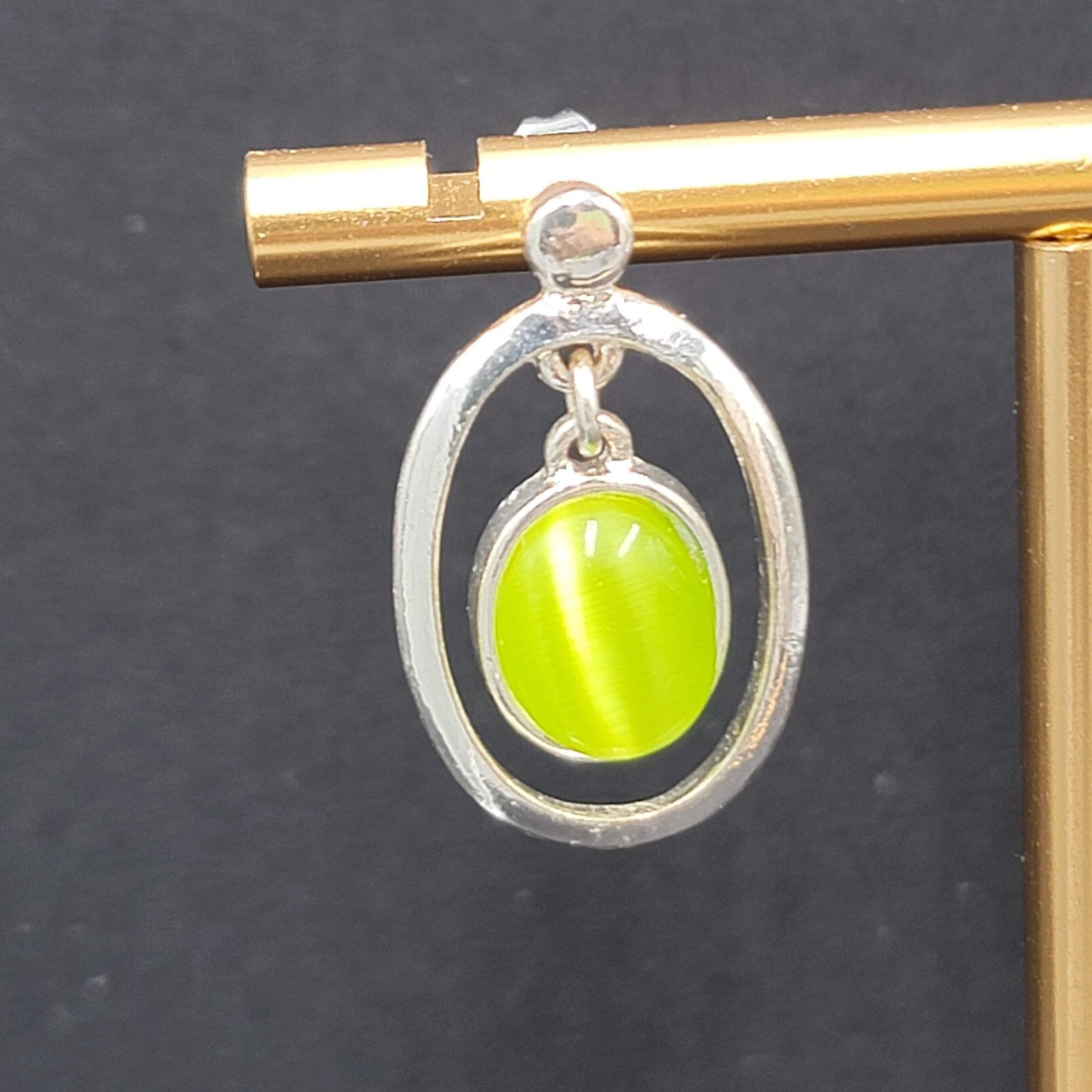 Lime Green Cats Eye Pierced Earrings Silver tone Dangle 1"
