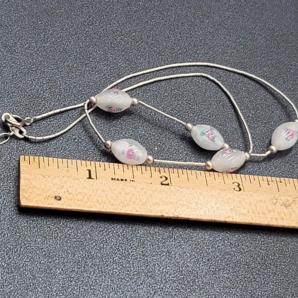 Art Glass Lampwork Rose Bead Necklace Sterling Silver 925 16”-17.5"