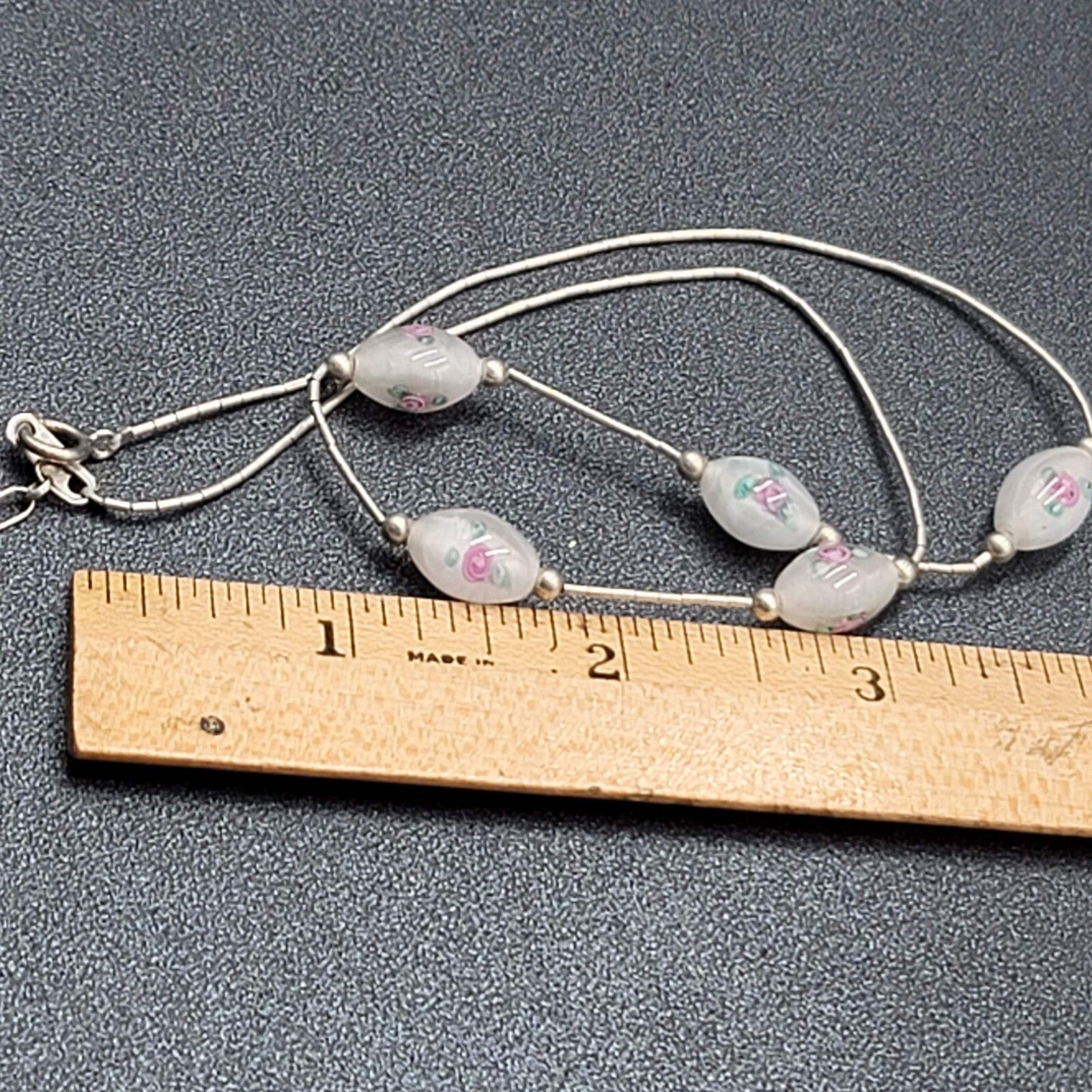 Art Glass Lampwork Rose Bead Necklace Sterling Silver 925 16”-17.5"