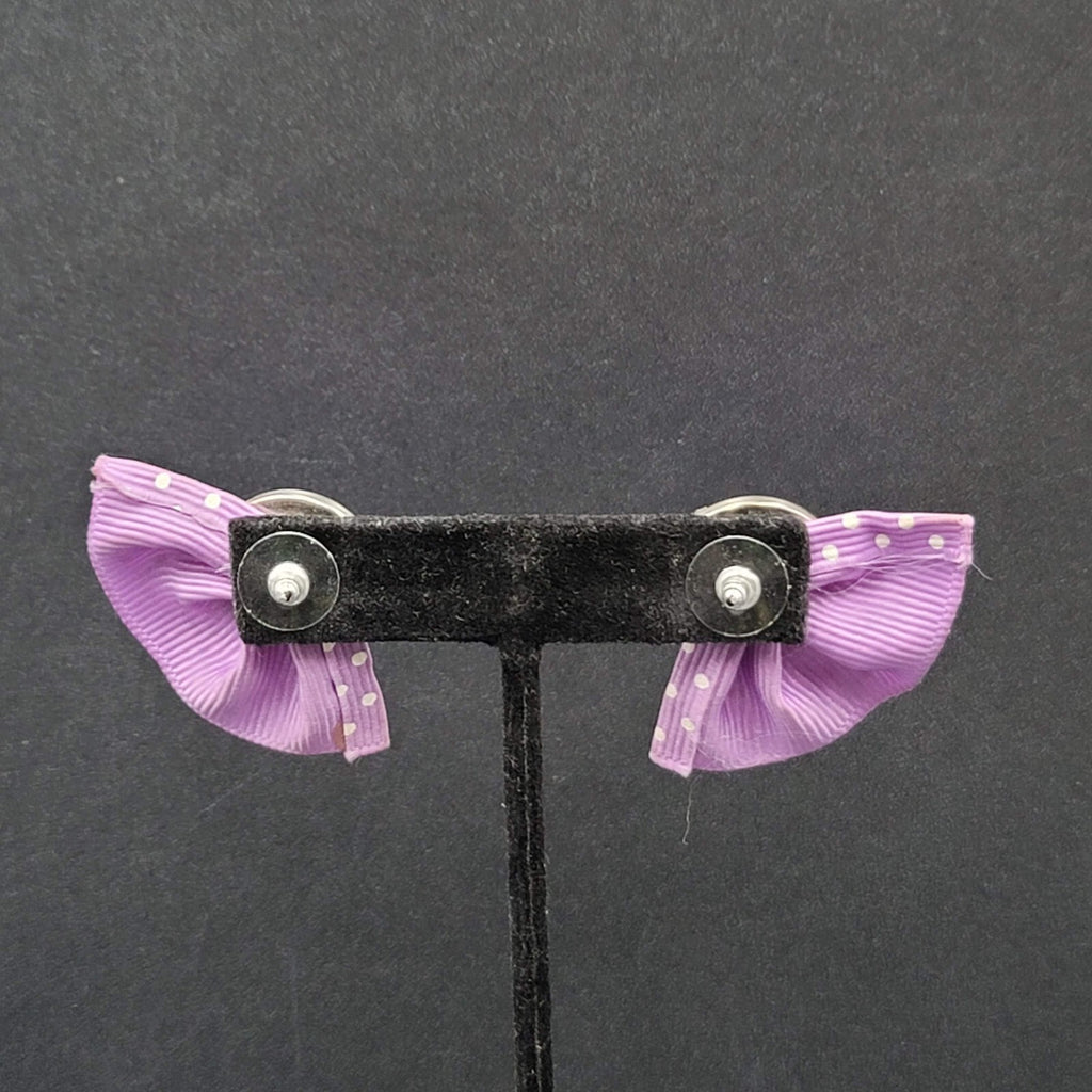 Vintage Pierced Earrings Purple Cabochon Polka Dot Grosgrain Ribbon 1 7/8"