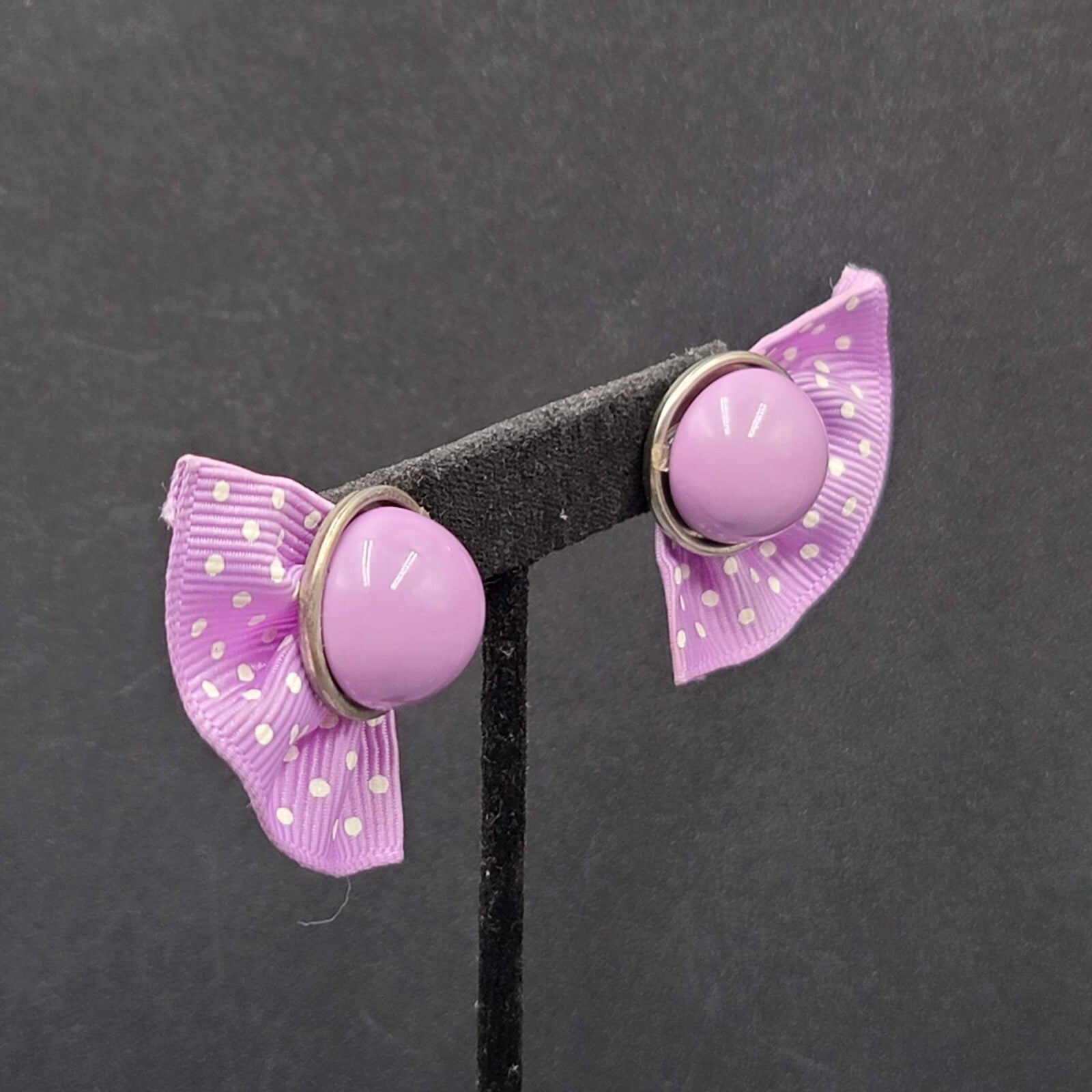 Vintage Pierced Earrings Purple Cabochon Polka Dot Grosgrain Ribbon 1 7/8"