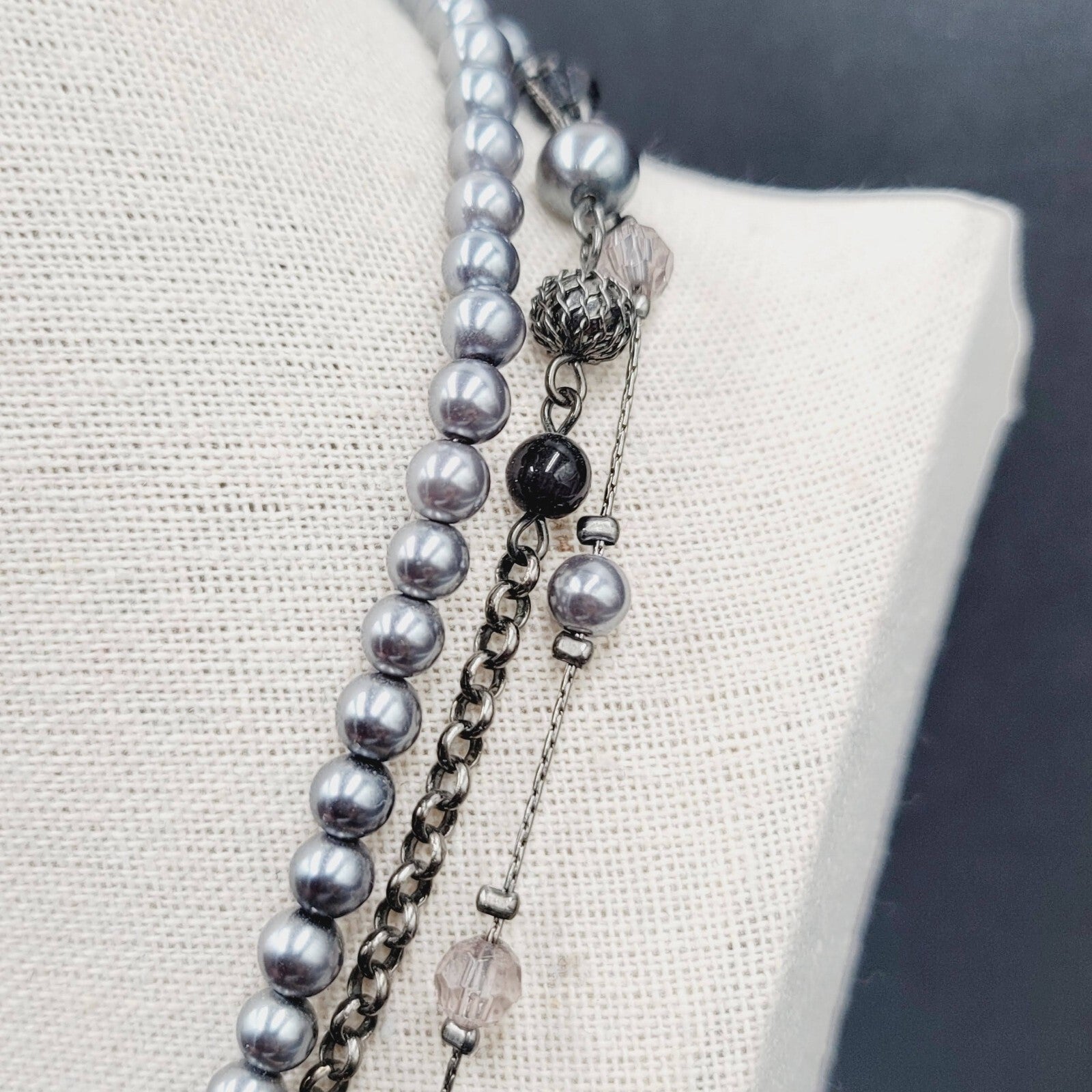 Triple Strand Black Chain Gray Bead Necklace 16"