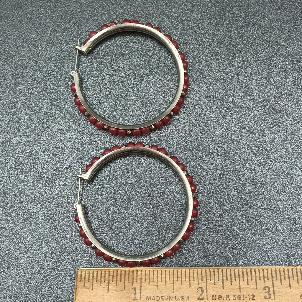 Pierced Earrings Silver tone Red Bead Statement Snap Hoops 2"