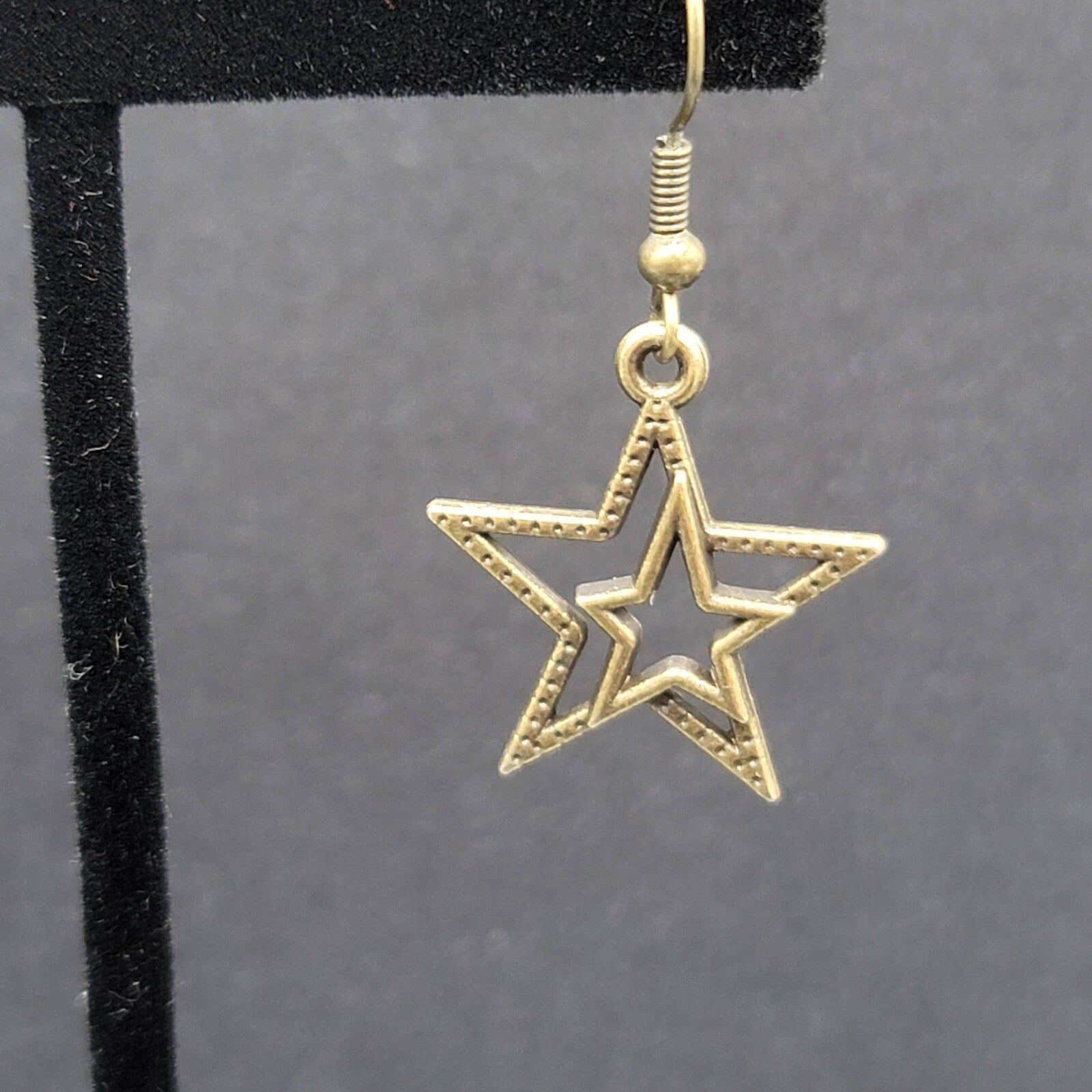 Pierced Earrings Bronze tone Double Open Star Dangle 7/8"