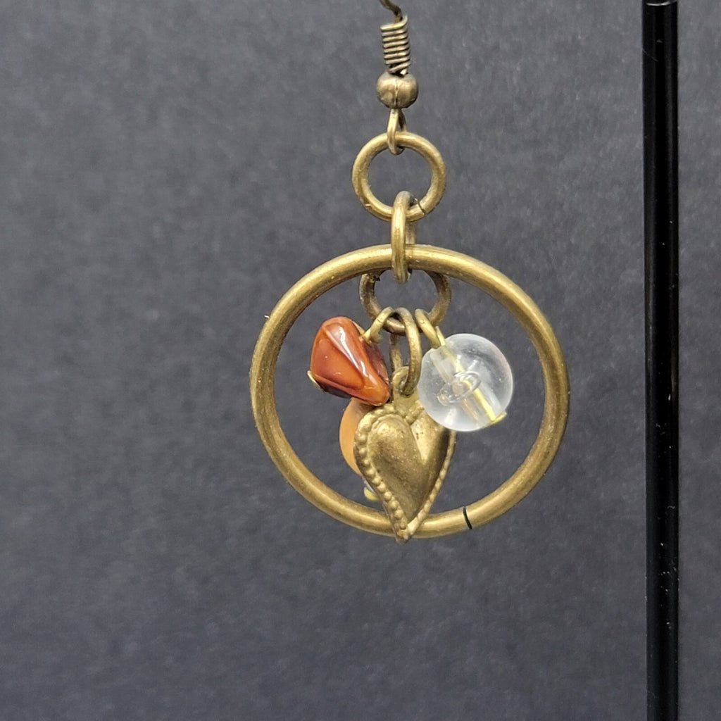 Pierced Earrings Bronze tone Heart Beaded Dangle 1"