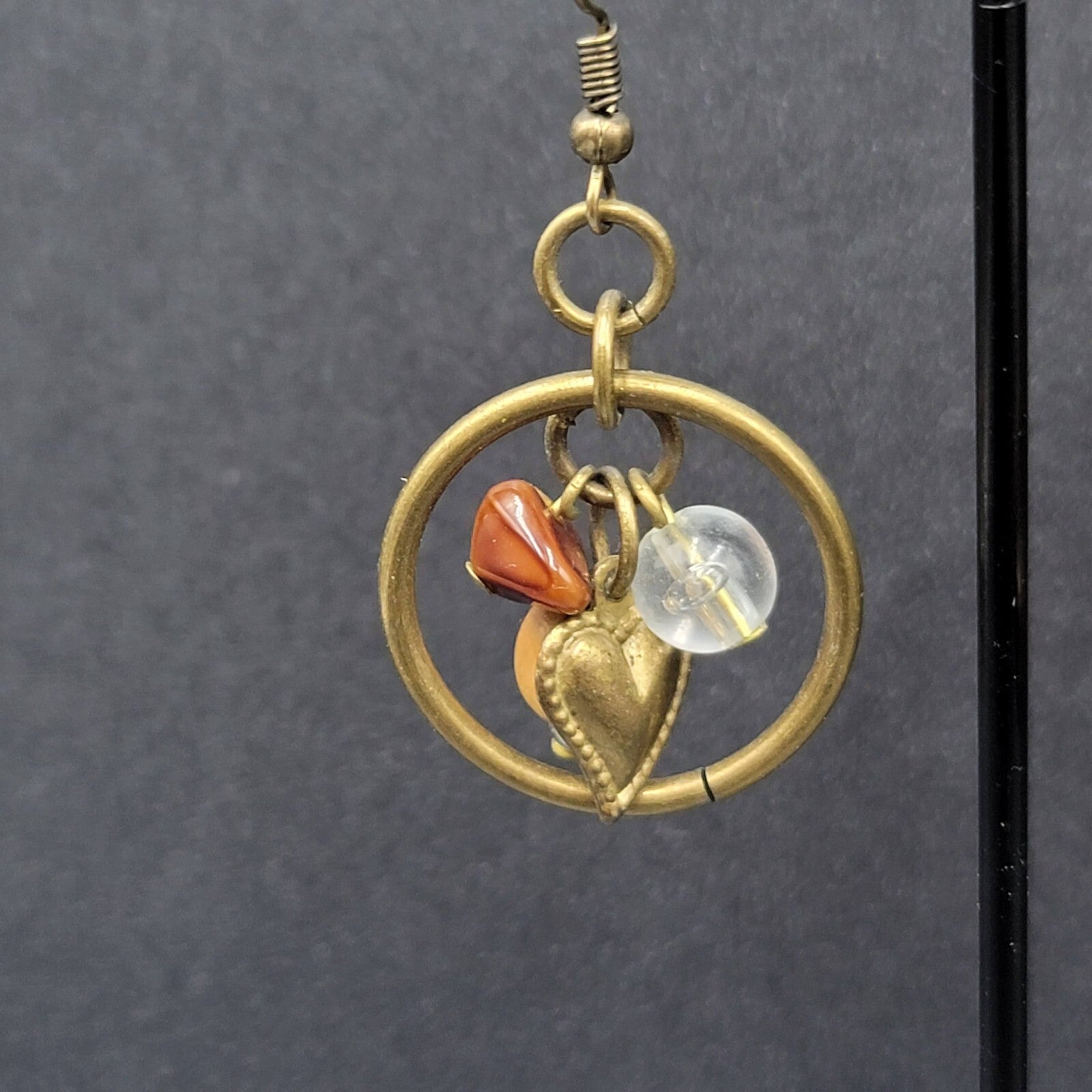 Pierced Earrings Bronze tone Heart Beaded Dangle 1"