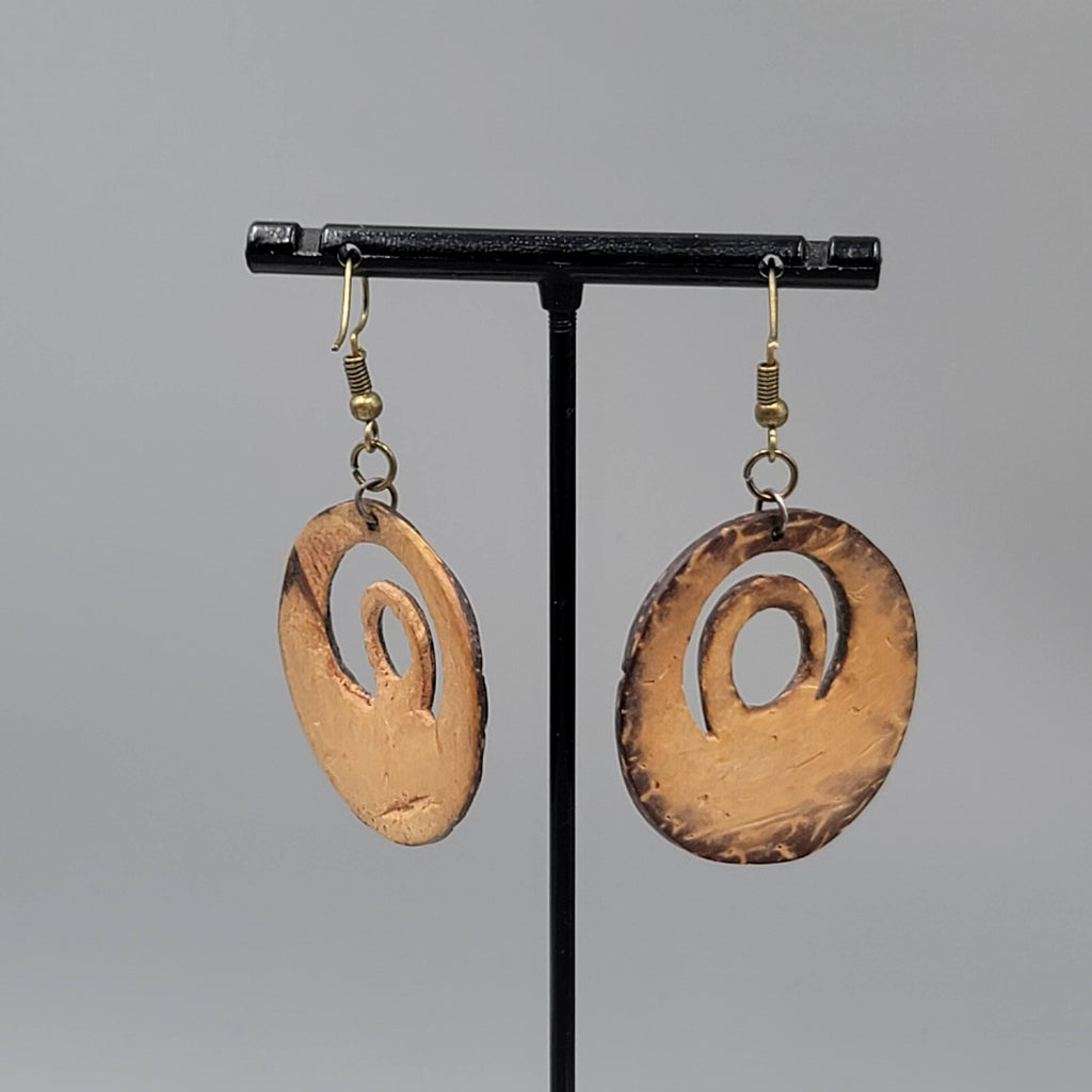 Vintage Coconut Pierced Earrings Hand Carved Bird Dangle 1.5"