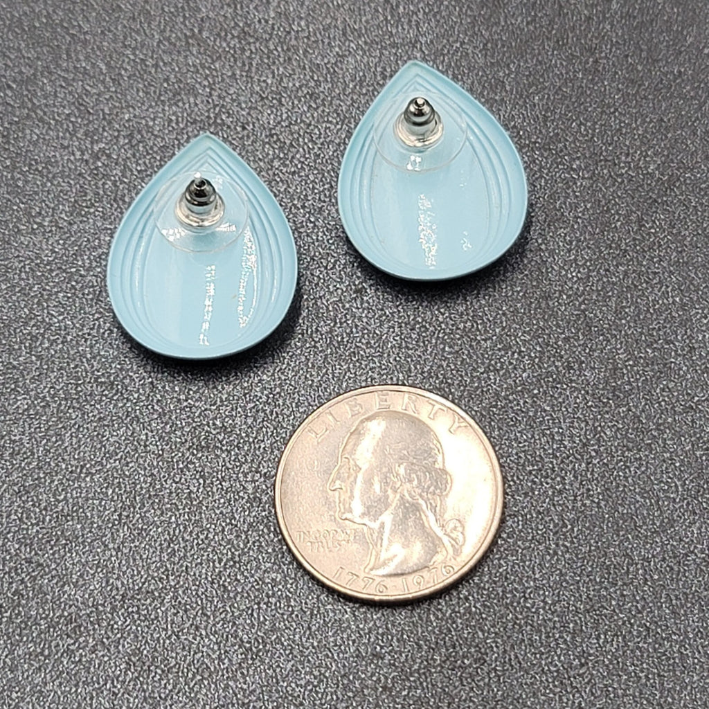 Vintage Pierced Earrings Blue Enamel over Metal Teardrop 1"