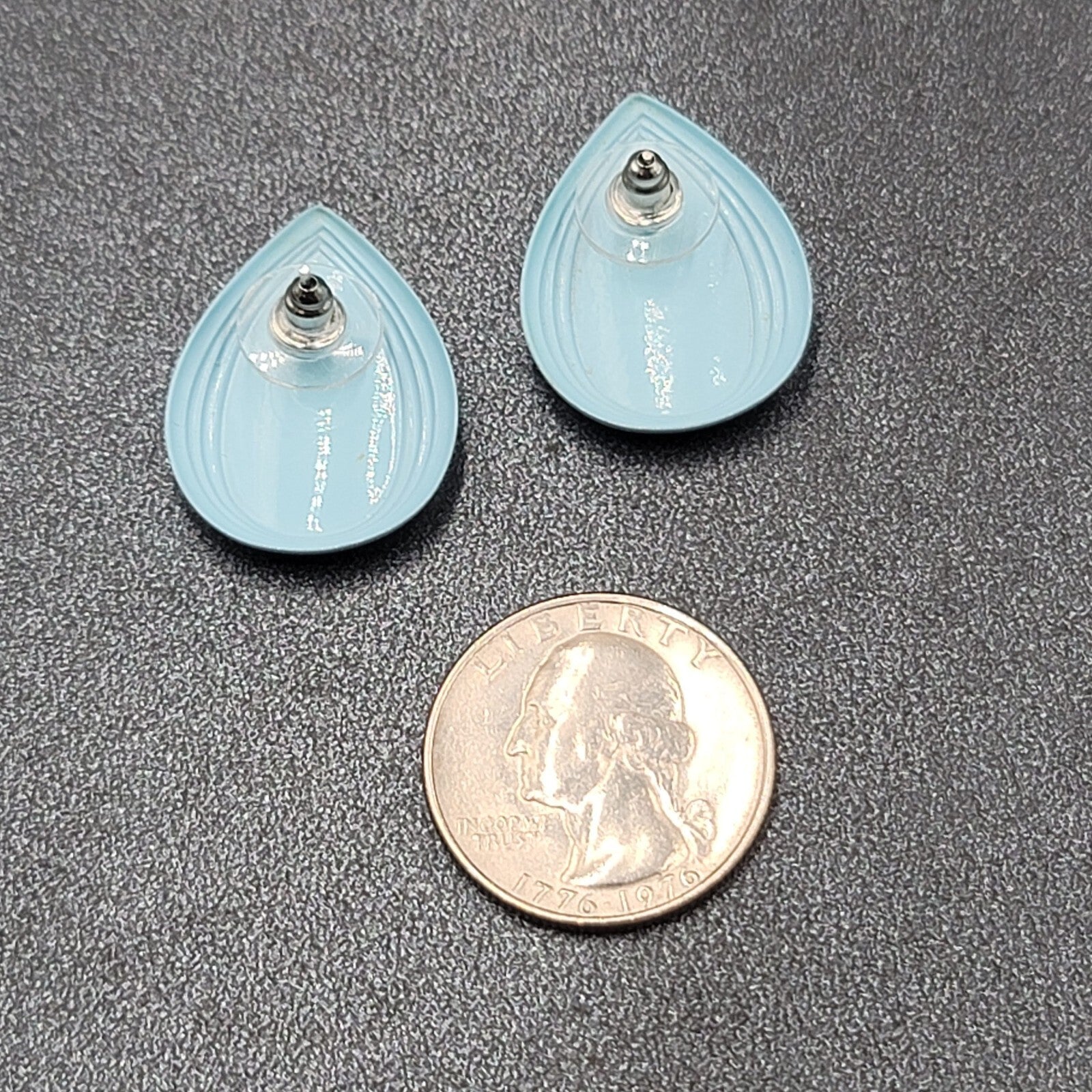 Vintage Pierced Earrings Blue Enamel over Metal Teardrop 1"