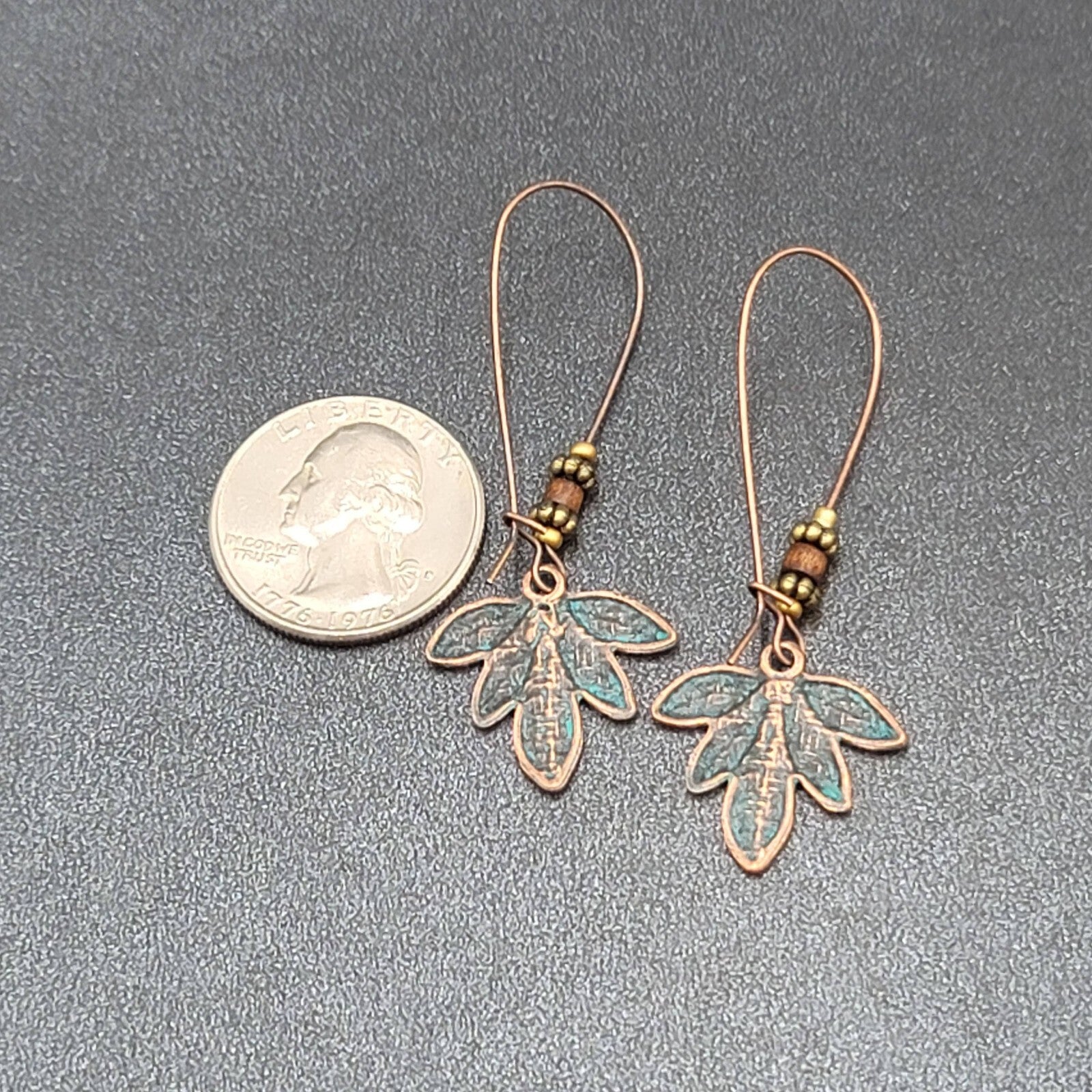 Pierced Earrings Bronze tone Green Patina Leaf Beaded Dangle 2.25"