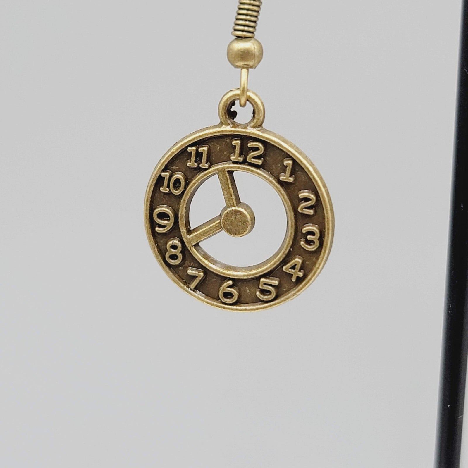 Clock Pierced Earrings Bronze tone Open Work Embossed Dangle New 7/8"