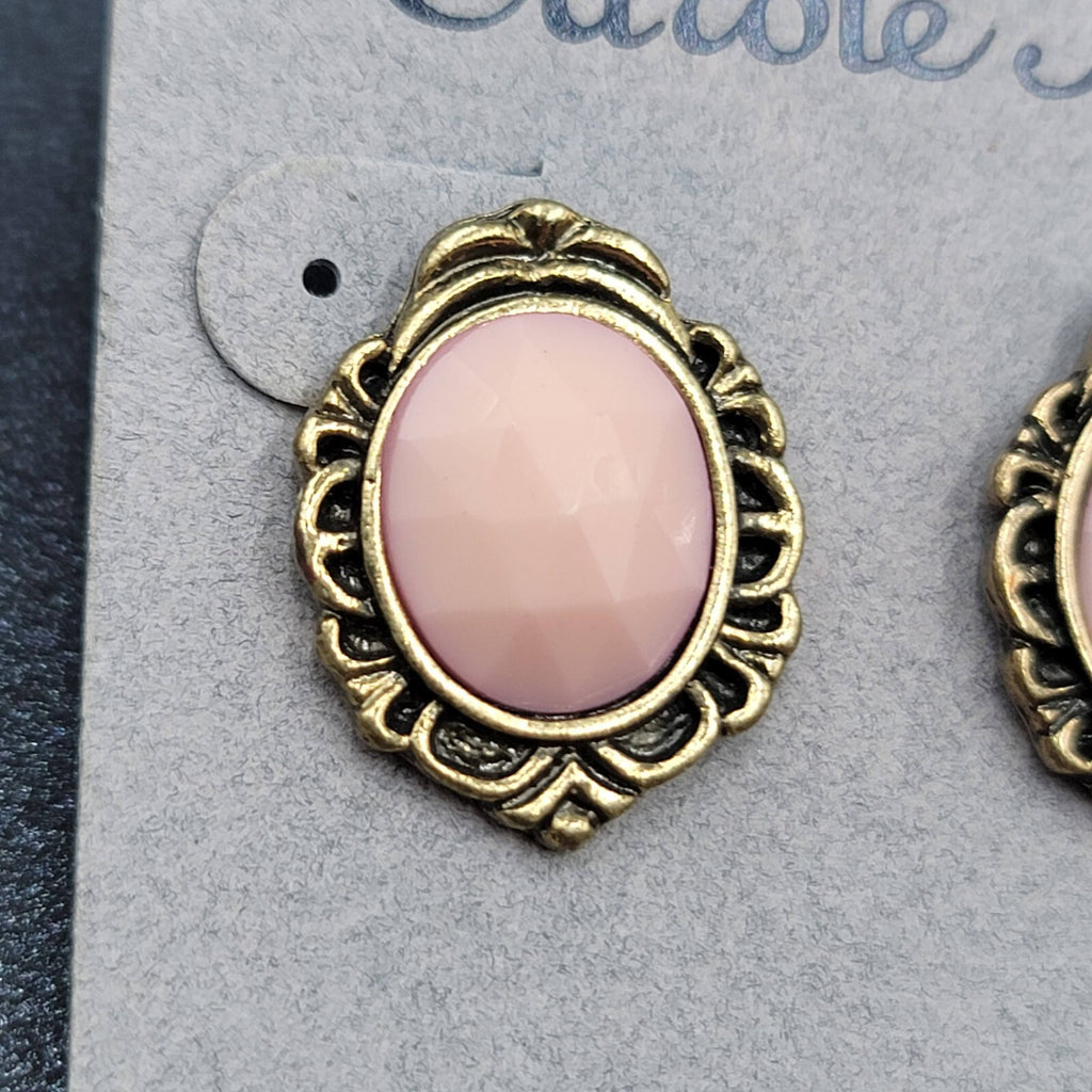 VintageCarol Inc  Pierced Earrings Gold tone Pink Faceted Oval Drop 3/4"