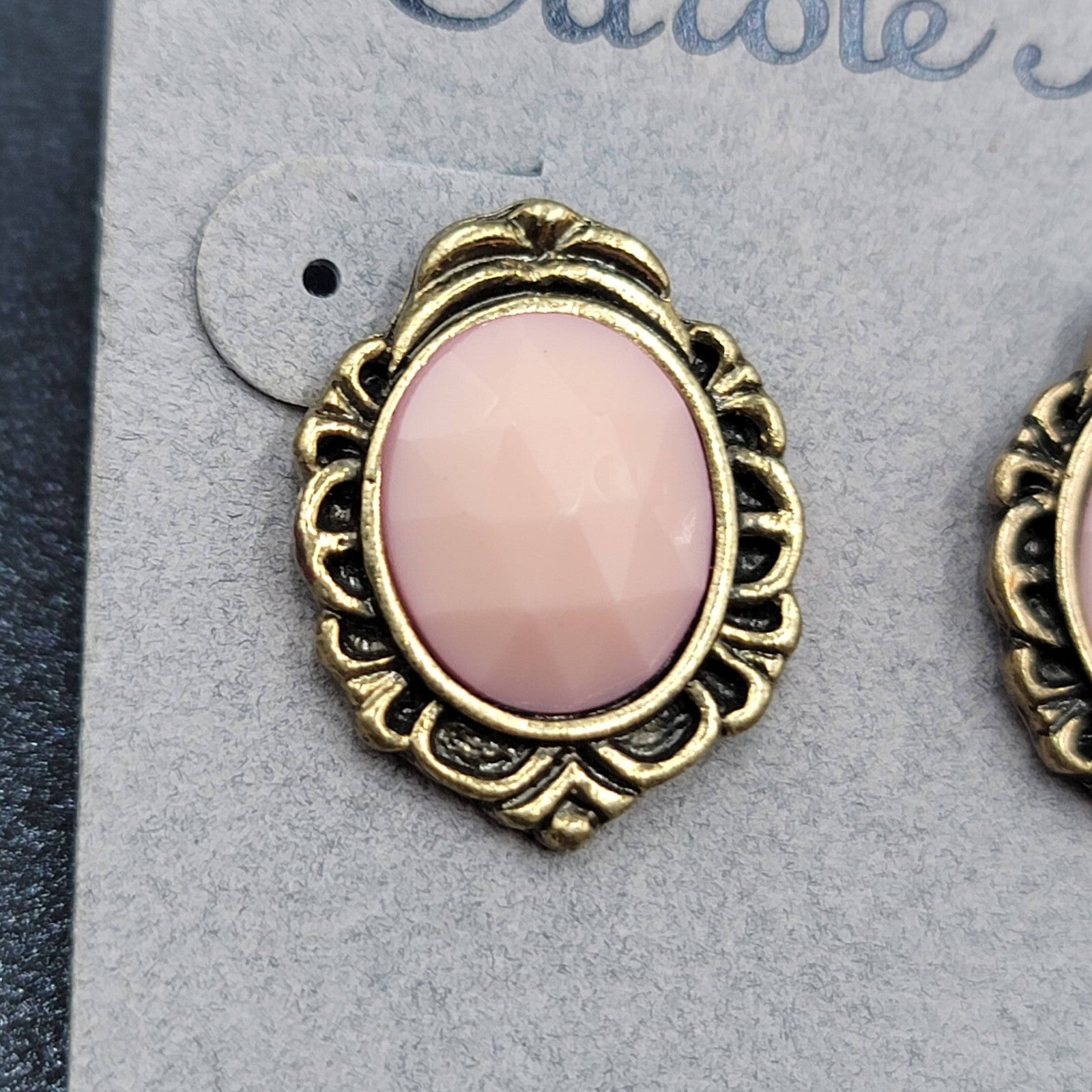 VintageCarol Inc  Pierced Earrings Gold tone Pink Faceted Oval Drop 3/4"