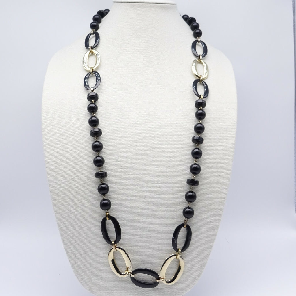 Vintage Necklace Black and Gold tone Bead Statement Estate Costume Jewelry 36"