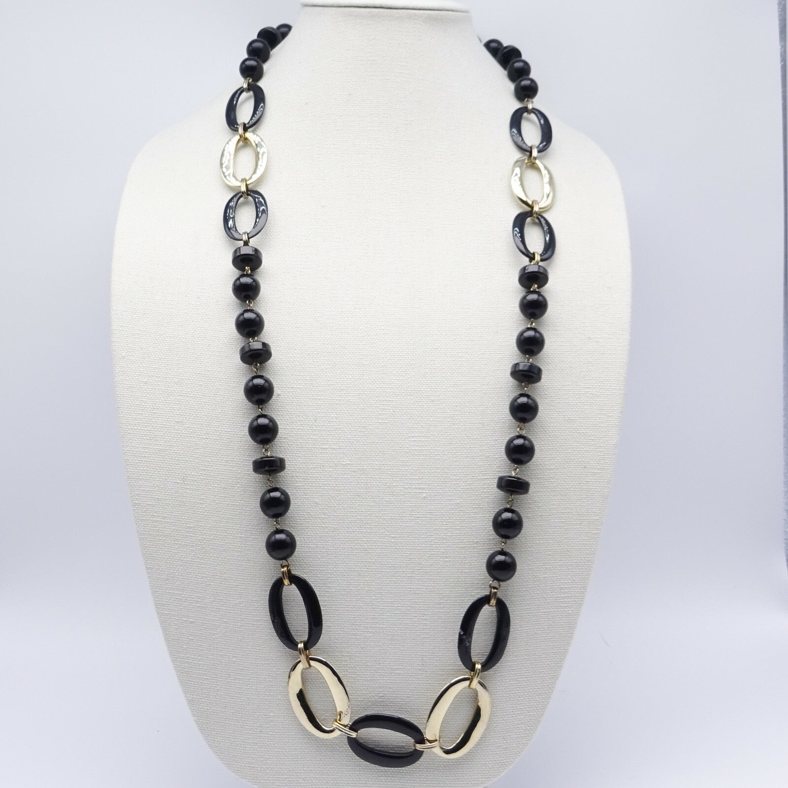 Vintage Necklace Black and Gold tone Bead Statement Estate Costume Jewelry 36"
