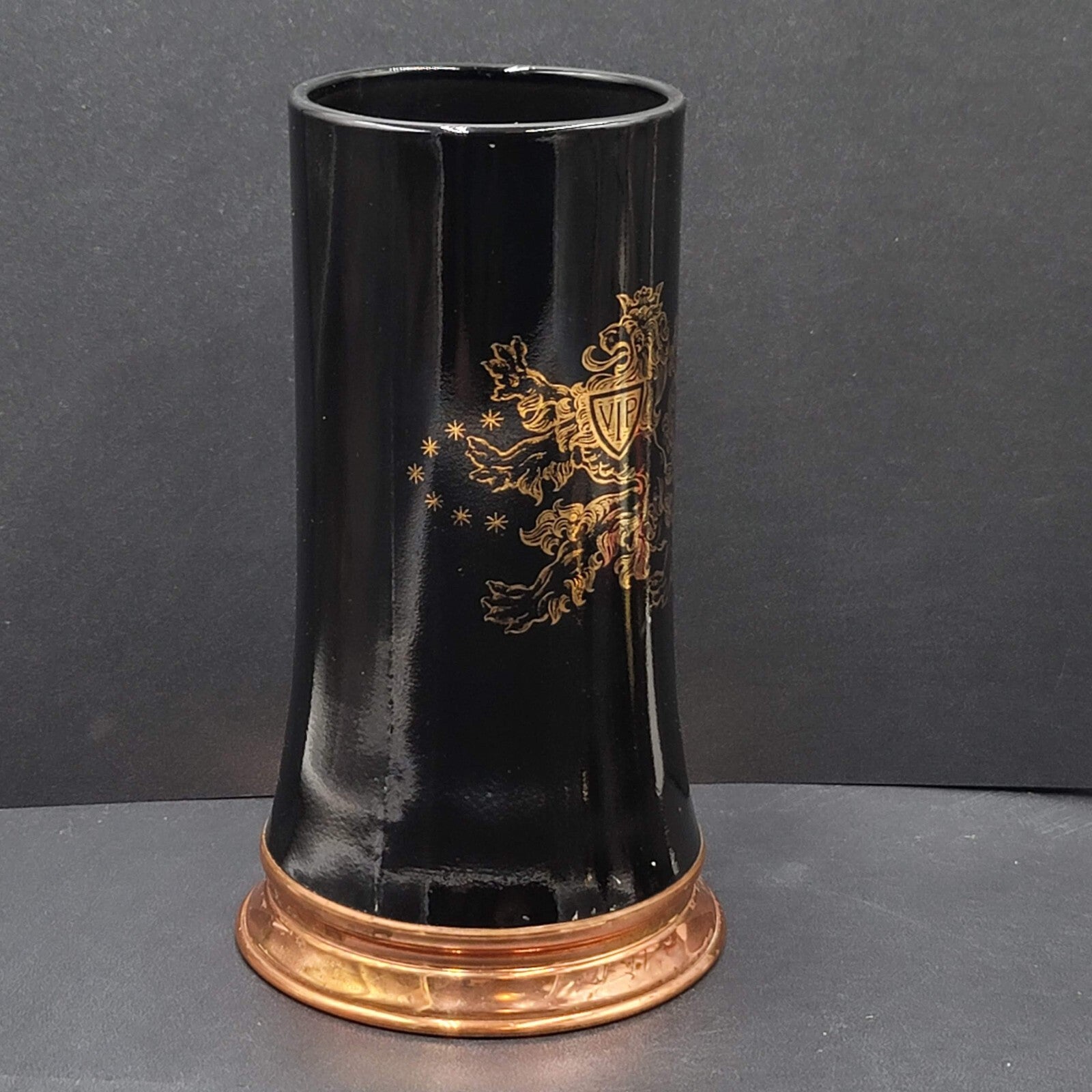Black and Copper Colored Heavy Tall Beer Stein Glass Mug Lion VIP Three Crowns