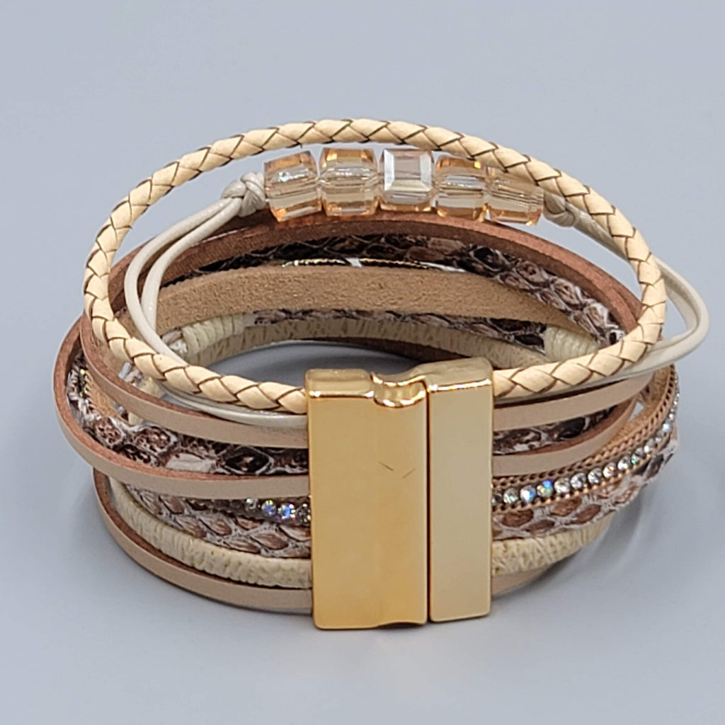 Wrap Bracelet Gold tone Tan Faux Leather Feather Charm Crystal Beads 6.5"