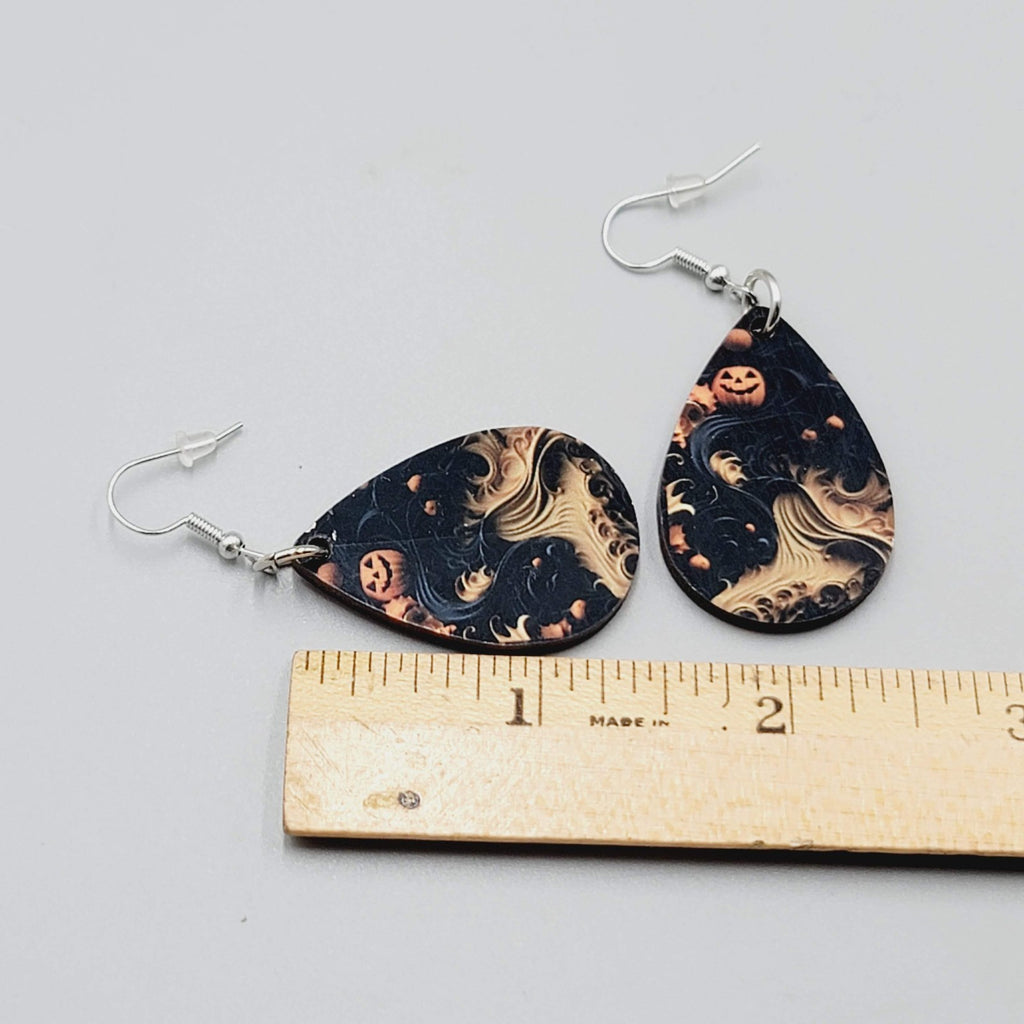 Halloween Pierced Earrings Wood Teardrop Dangle Two Sided 1.5"