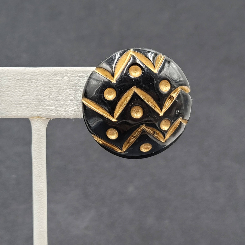 Vintage Pierced Earrings Wood Black Gold Painted Dome Button Stud  1.25"