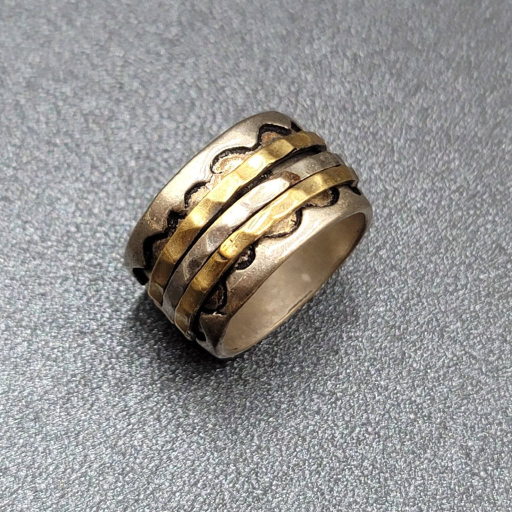 Two Tone Spinner Ring Size 7 Wide Band Silver tone and Brass