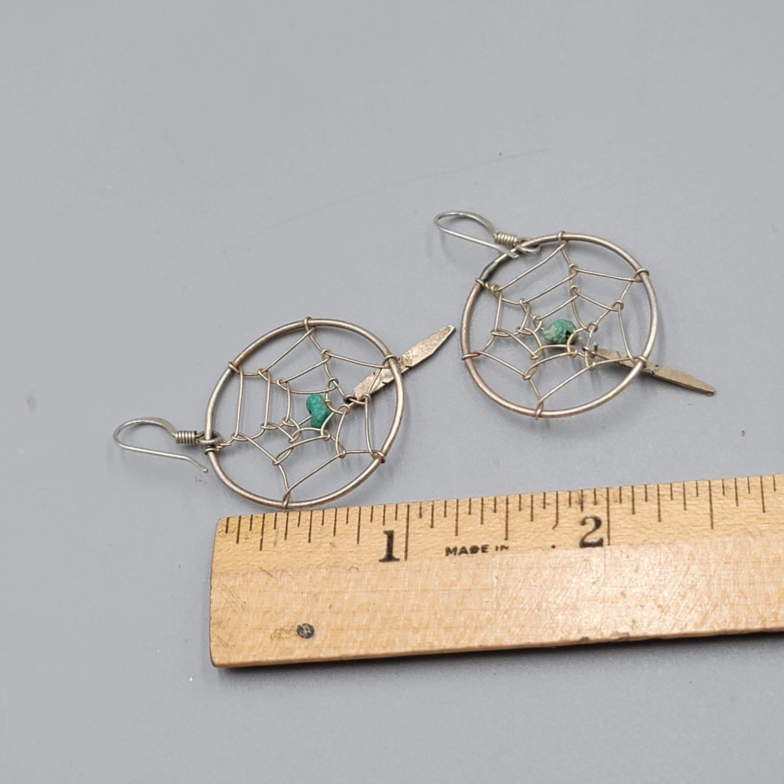 Vintage Silver tone Dreamcatcher Earrings Turquoise Feather Dangle 1.25"