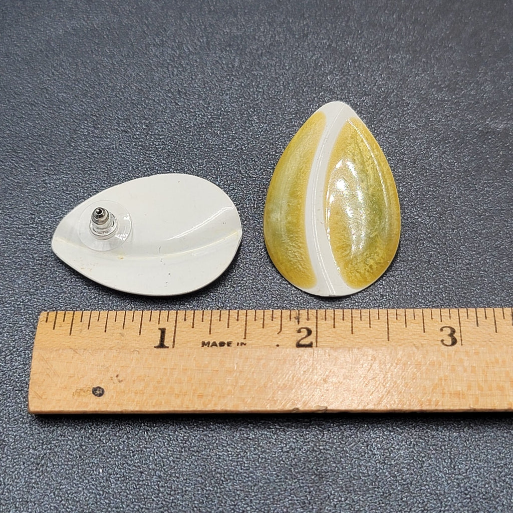 Vintage Pierced Earrings Green White Enamel Drop 1 3/8"