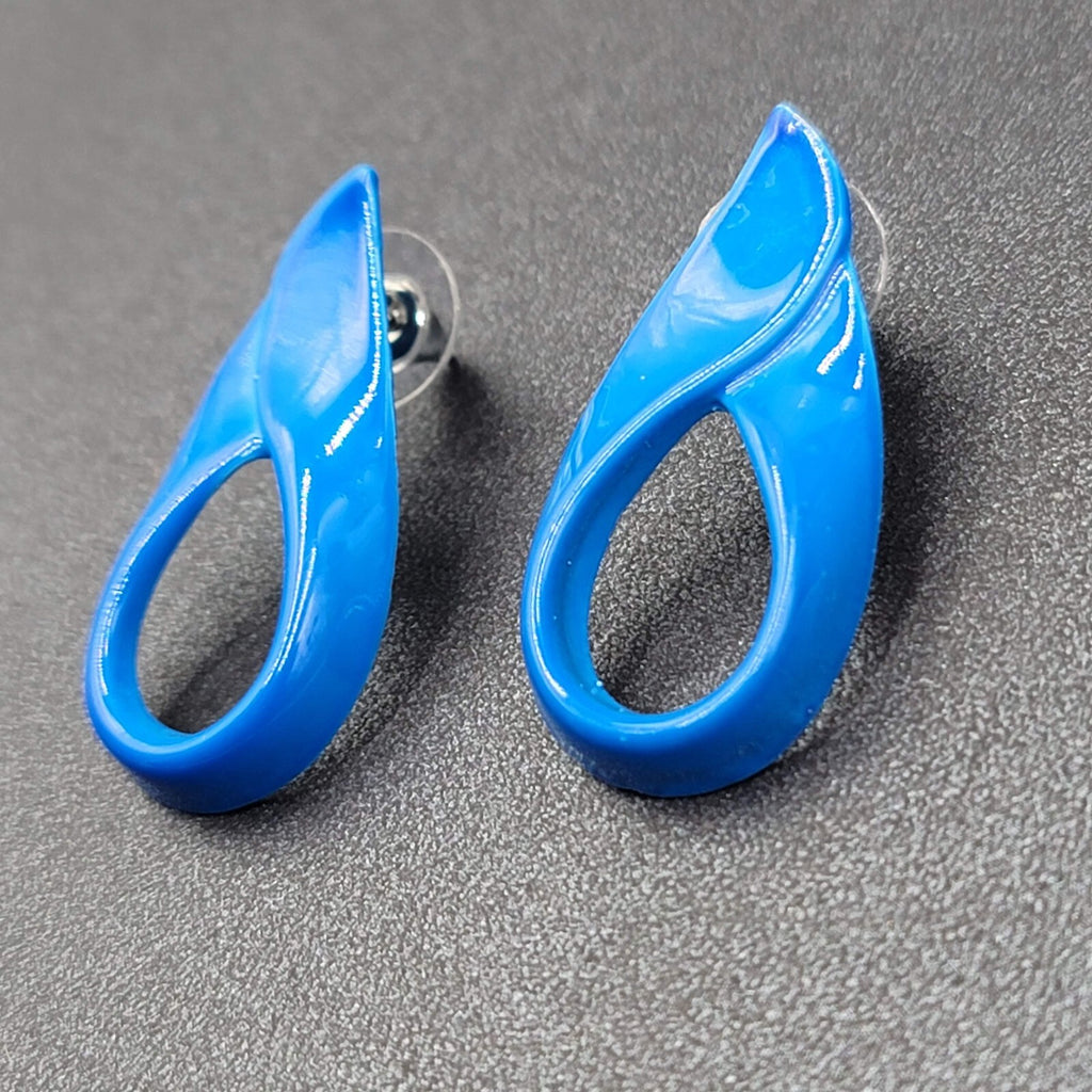 Vintage Pierced Earrings Blue Enamel over Metal Open Teardrop 1 3/8"